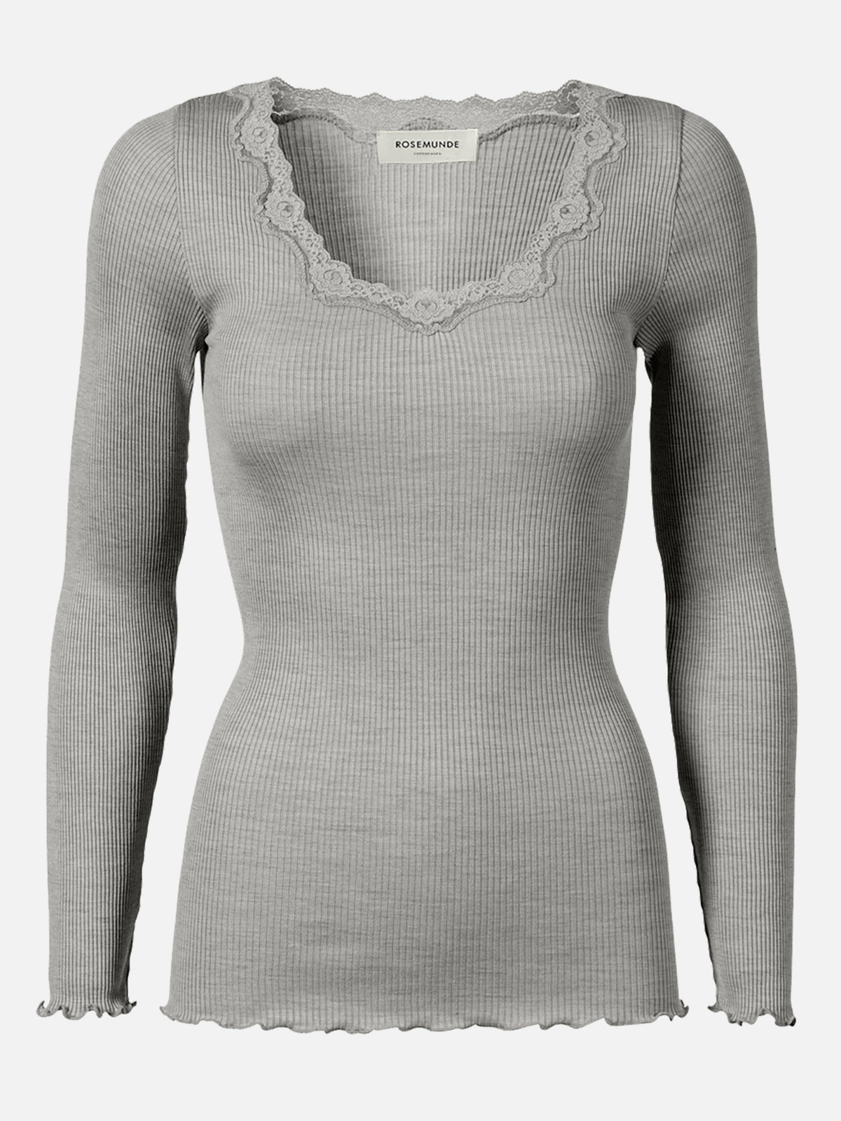 RWBabette Silk Long Sleeve U-neck Lace T-shirt T-SHIRT LS Rosemunde Woman XS light grey melange