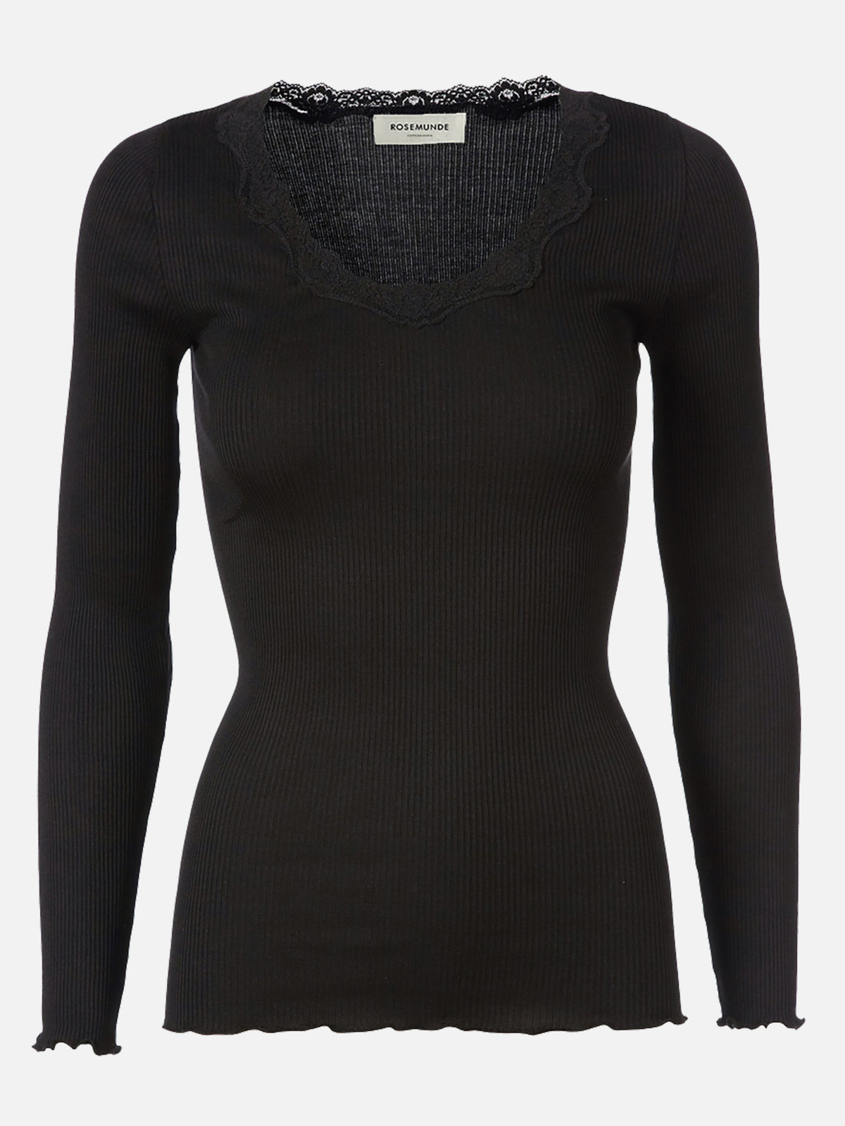 RWBabette Silk Long Sleeve U-neck Lace T-shirt T-SHIRT LS Rosemunde Woman XS black