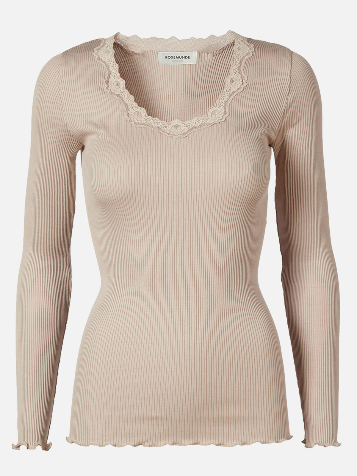 RWBabette silke-T-shirt med lang erme, U-hals og blonder