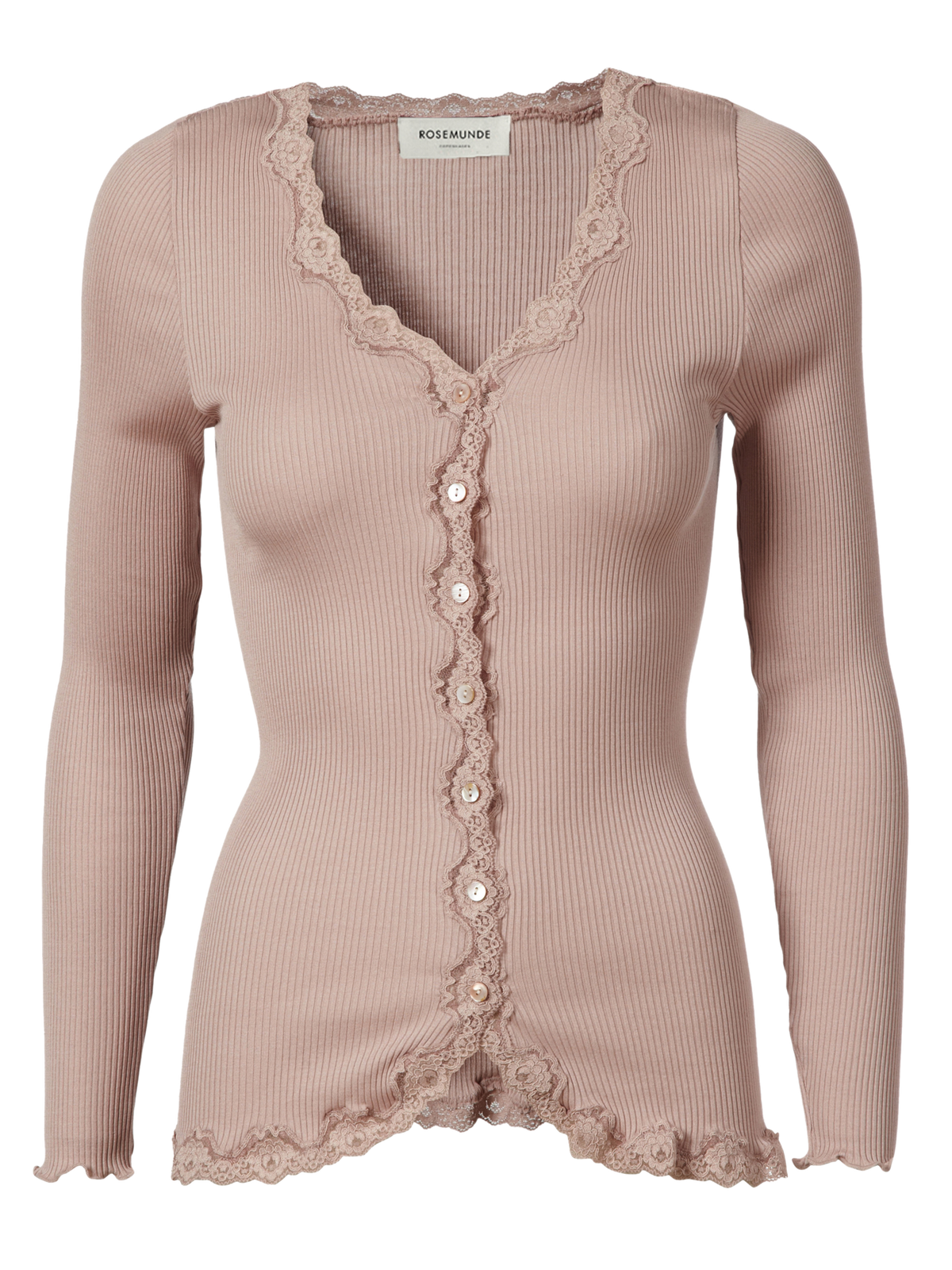 RWBabette silke-cardigan med lang erme, V-hals og blonder