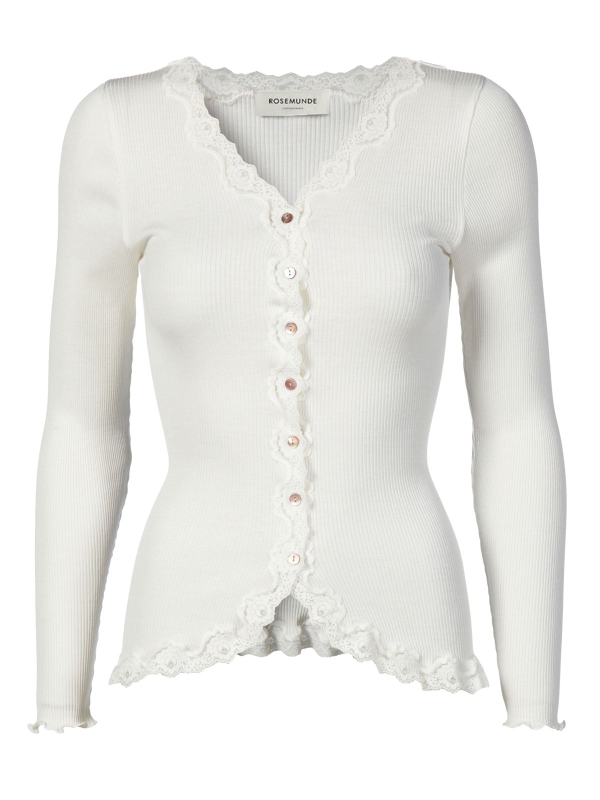 RWBabette silke-cardigan med lang erme, V-hals og blonder