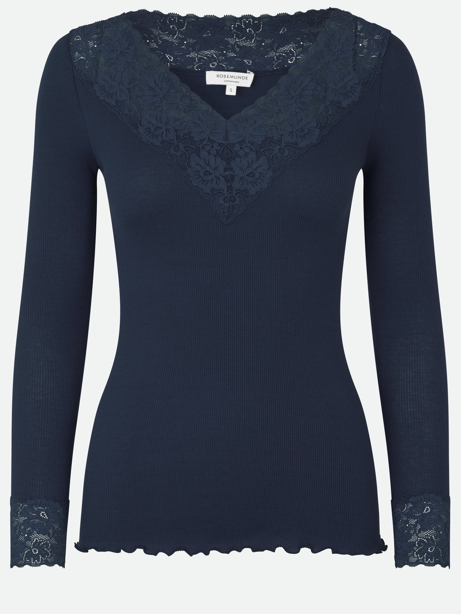 RWBernadine Organic LS V-neck Lace T-shirt T-SHIRT LS Rosemunde Woman XS dark blue