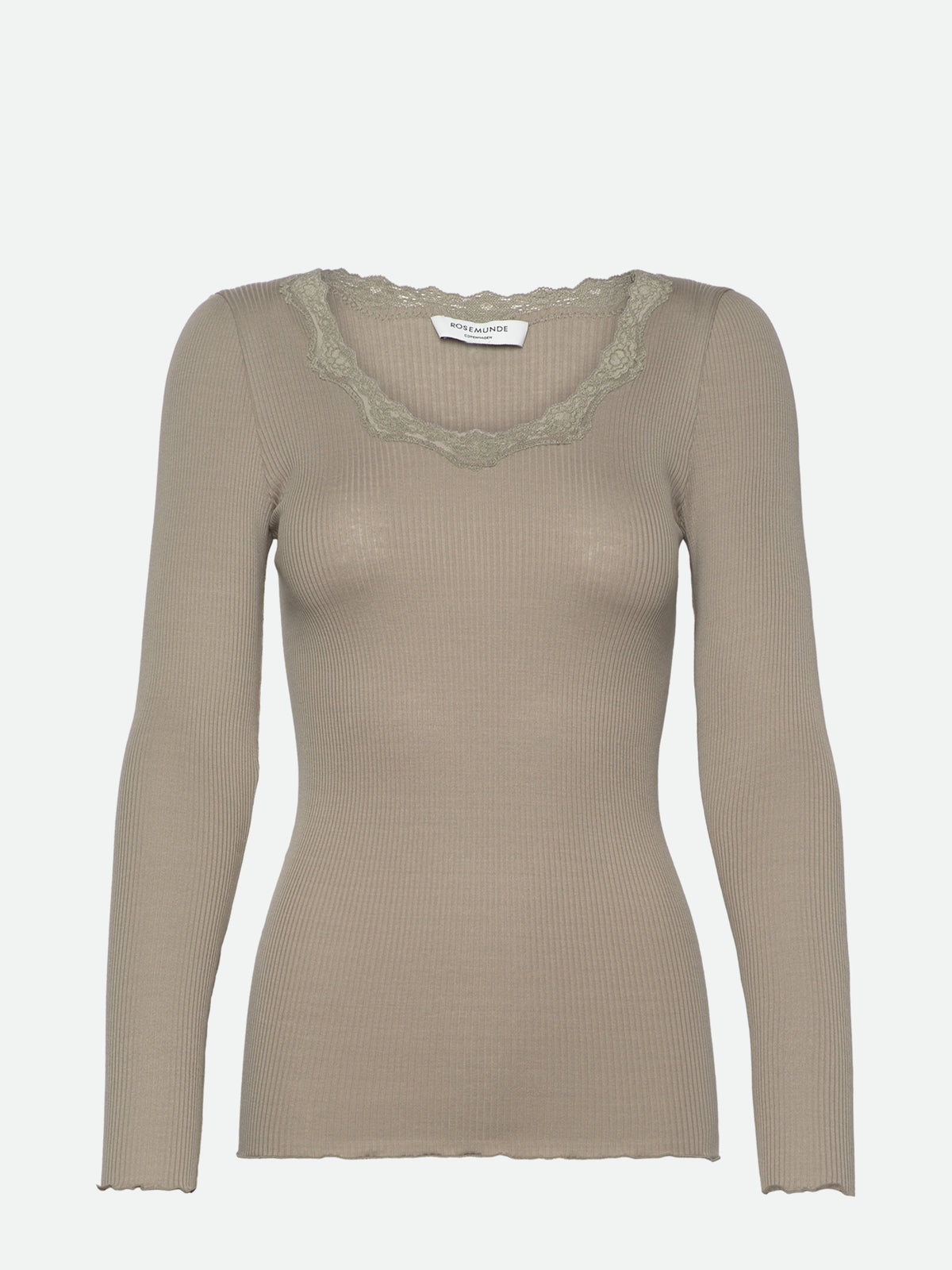 RWBabette silke-T-shirt med lang erme, U-hals og blonder