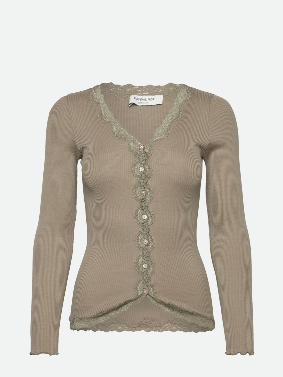 RWBabette silke-cardigan med lang erme, V-hals og blonder