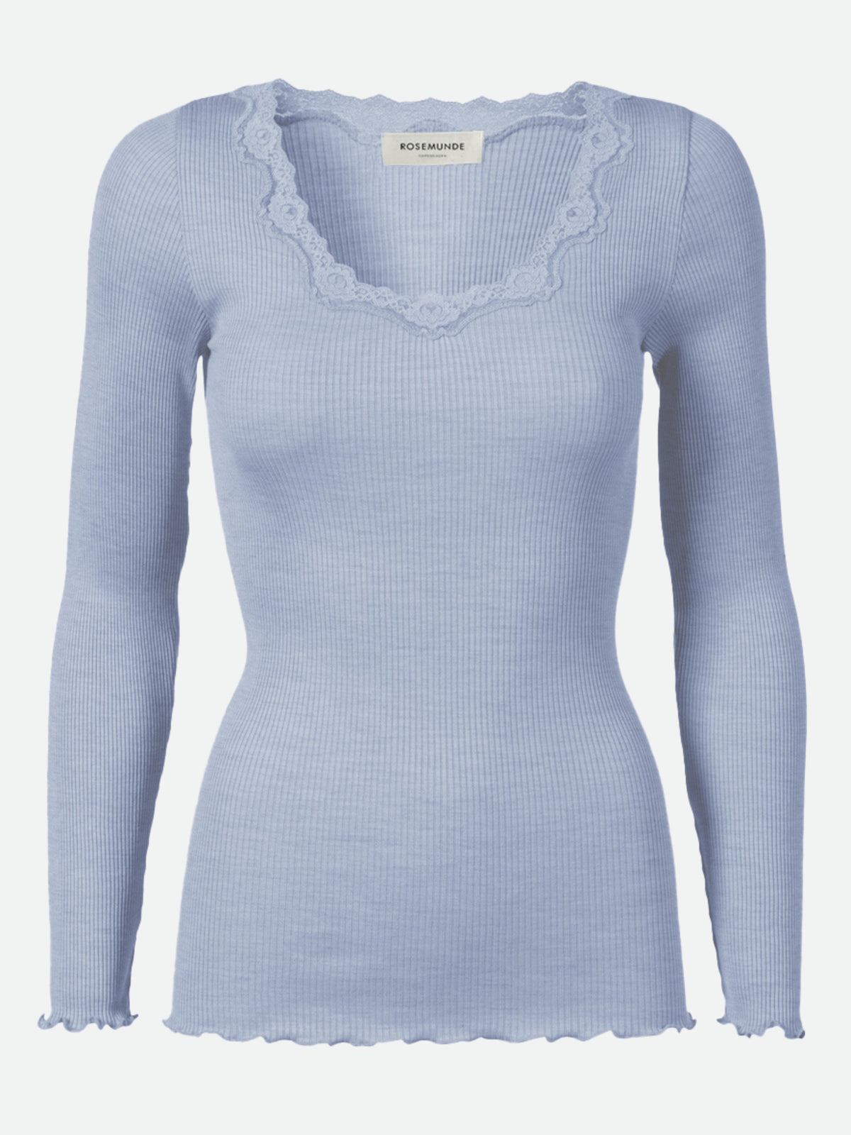 RWBabette silke-T-shirt med lang erme, U-hals og blonder