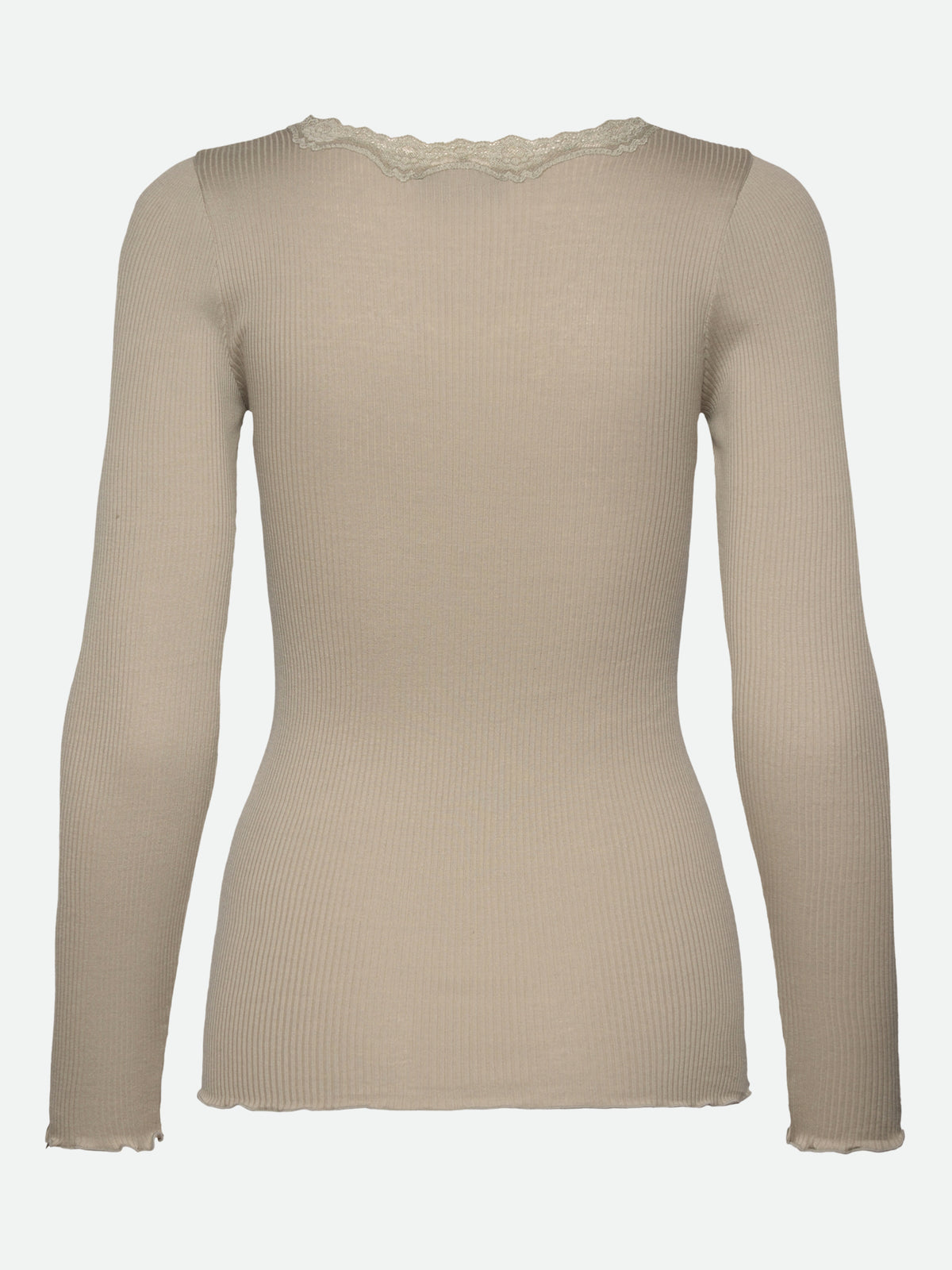 RWBabette silke-T-shirt med lang erme, U-hals og blonder