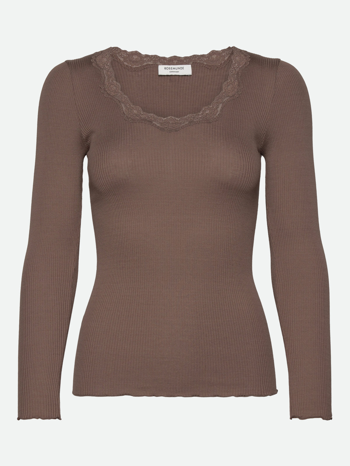RWBabette silke-T-shirt med lang erme, U-hals og blonder