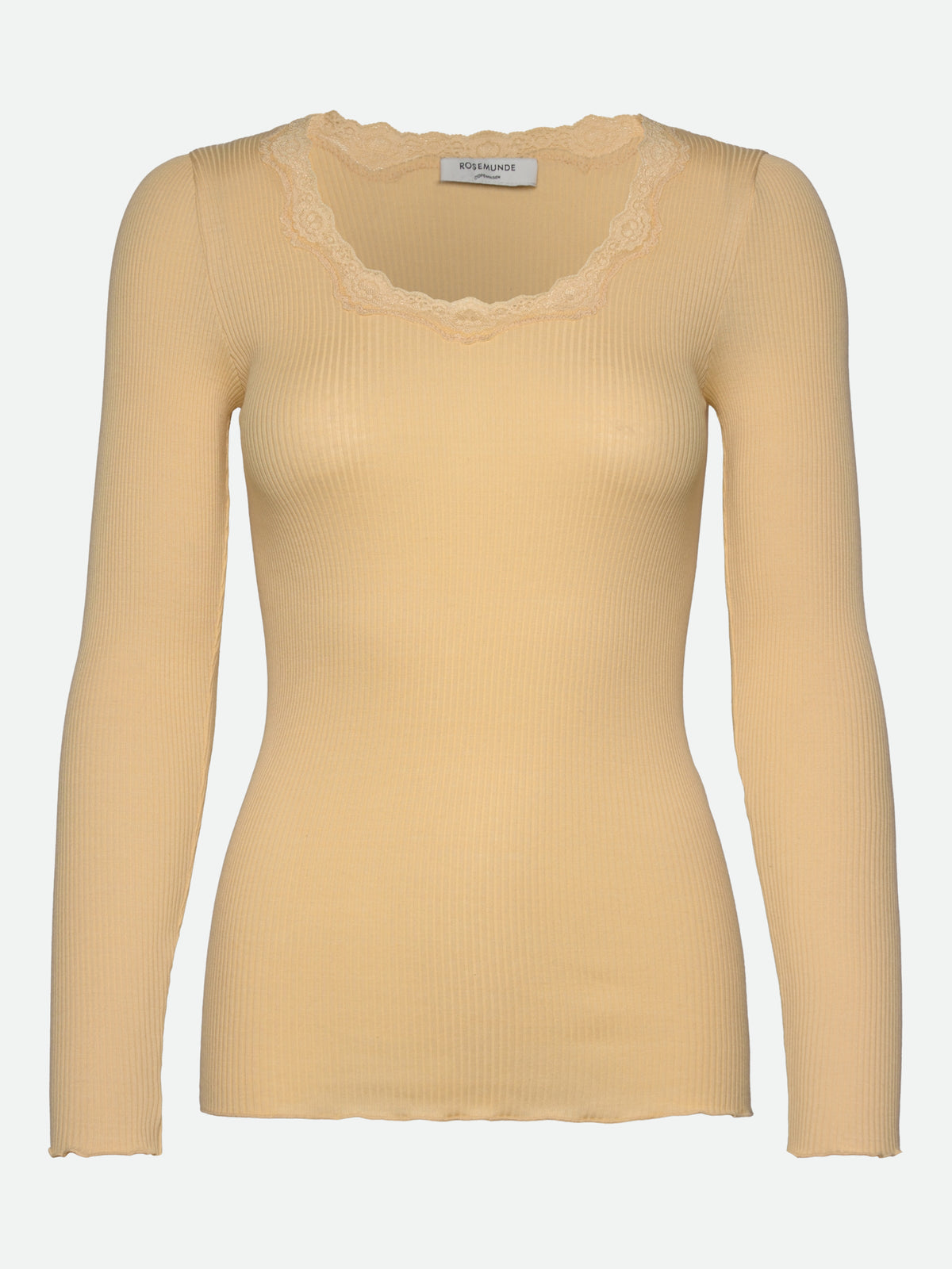 RWBabette silke-T-shirt med lang erme, U-hals og blonder