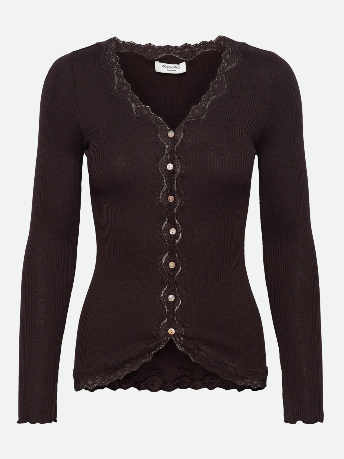 RWBabette silke-cardigan med lang erme, V-hals og blonder