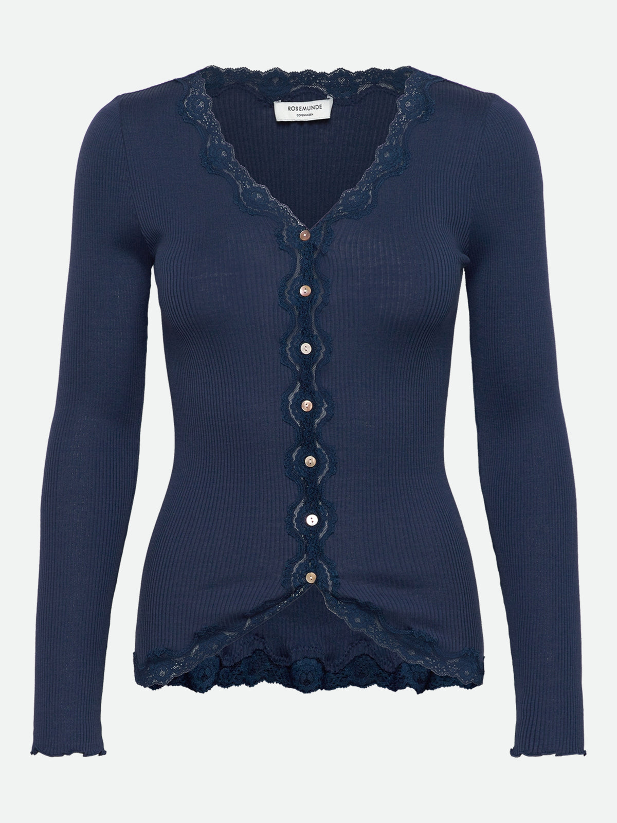 RWBabette silke-cardigan med lang erme, V-hals og blonder