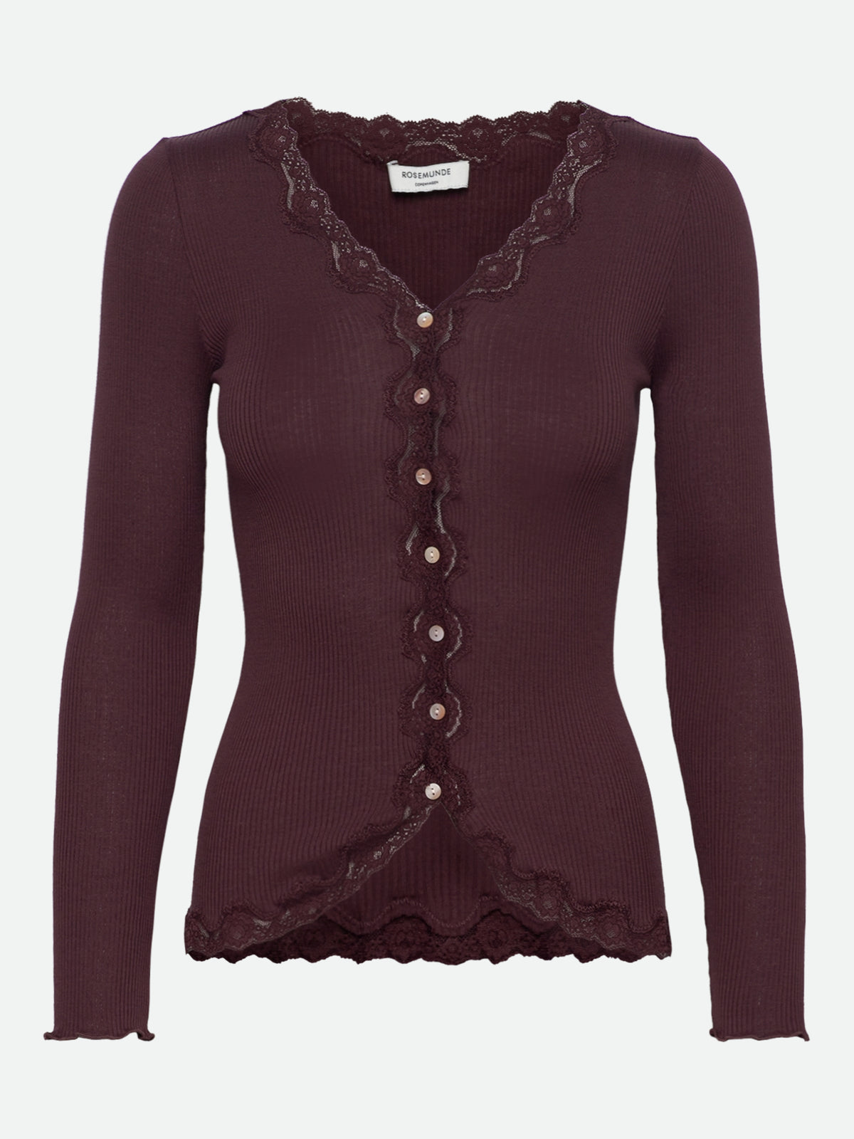 RWBabette silke-cardigan med lang erme, V-hals og blonder