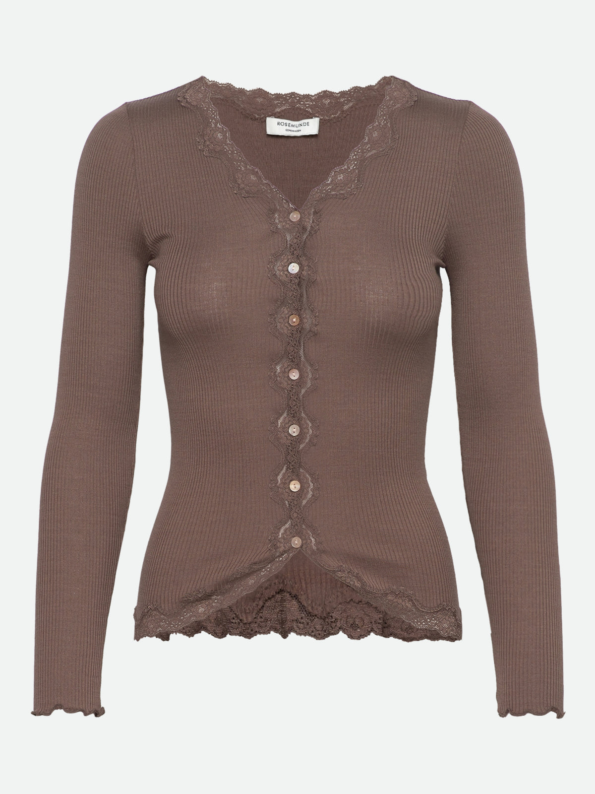 RWBabette silke-cardigan med lang erme, V-hals og blonder