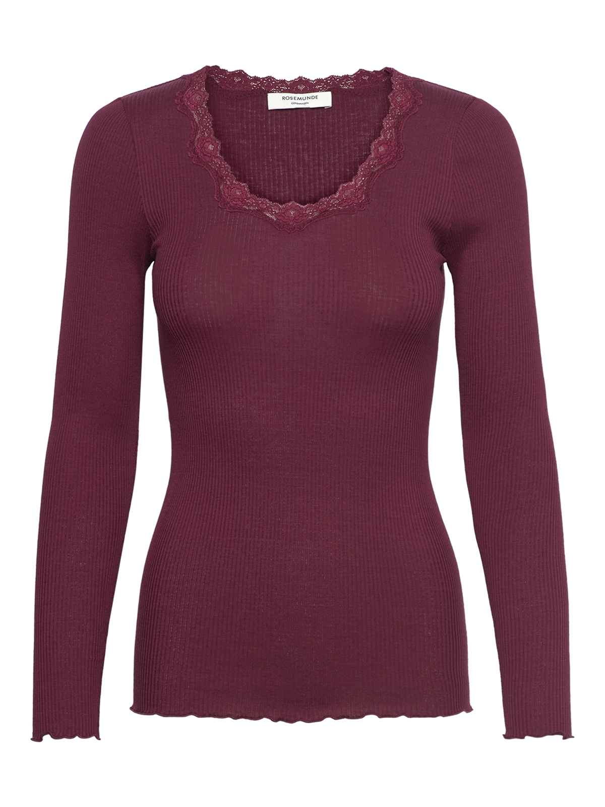 RWBabette Silk Long Sleeve U-neck Lace T-shirt T-SHIRT LS Rosemunde Woman XS tawny port
