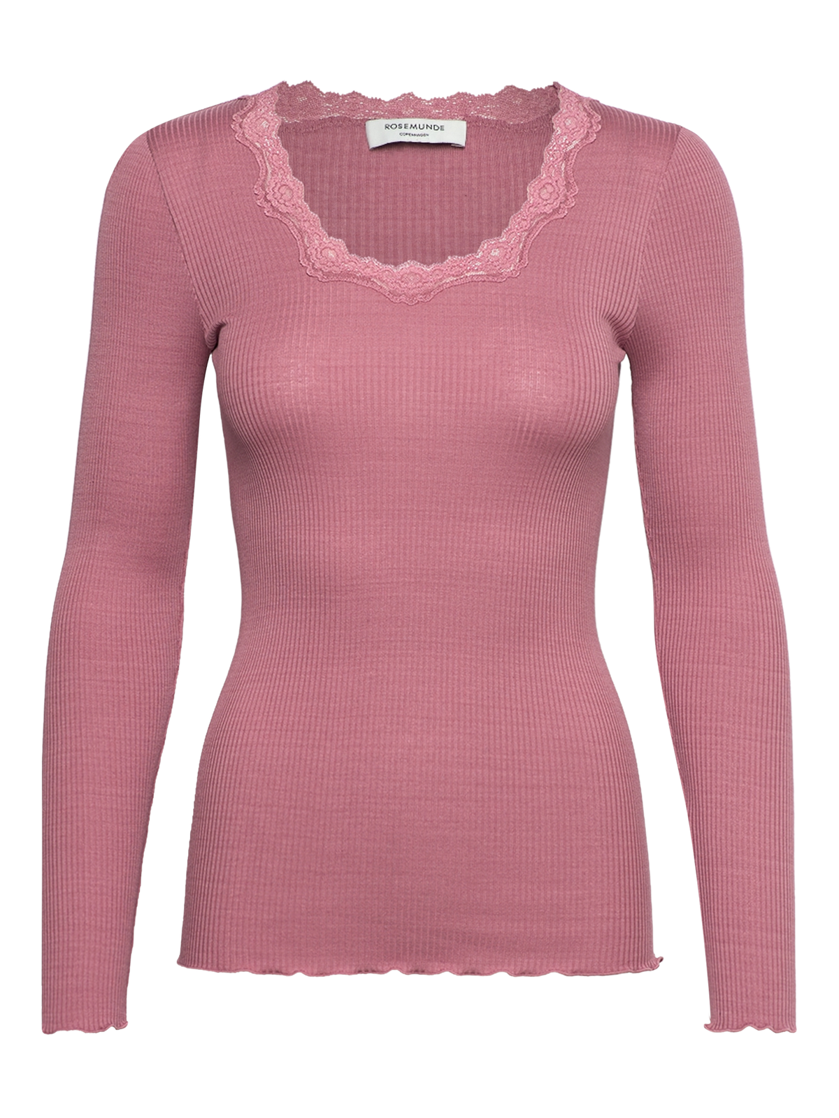 RWBabette silke-T-shirt med lang erme, U-hals og blonder