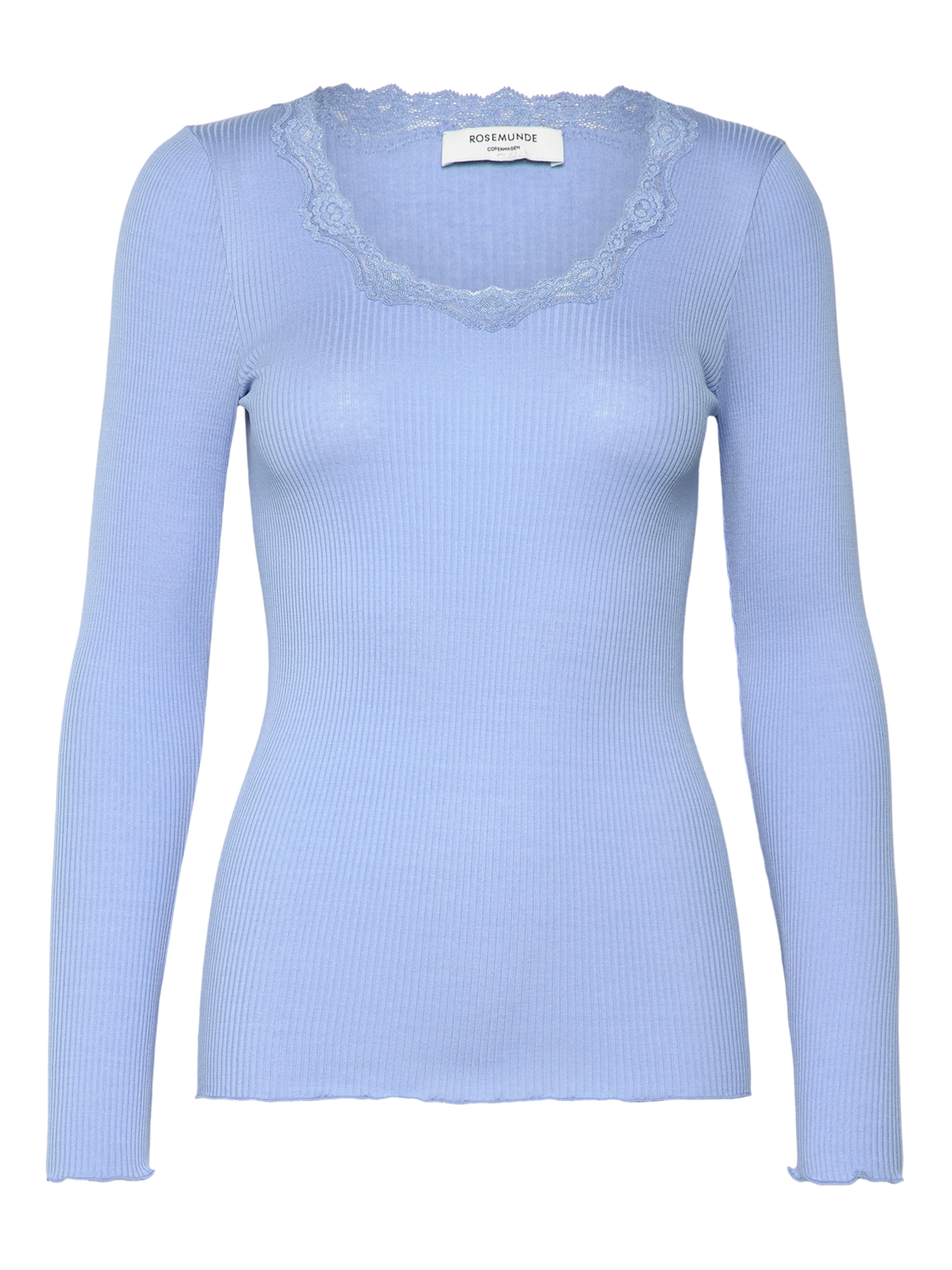 RWBabette silke-T-shirt med lang erme, U-hals og blonder