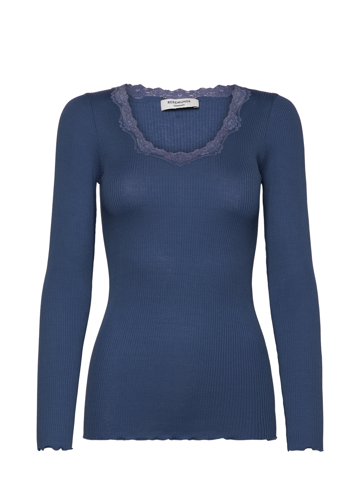 RWBabette silke-T-shirt med lang erme, U-hals og blonder