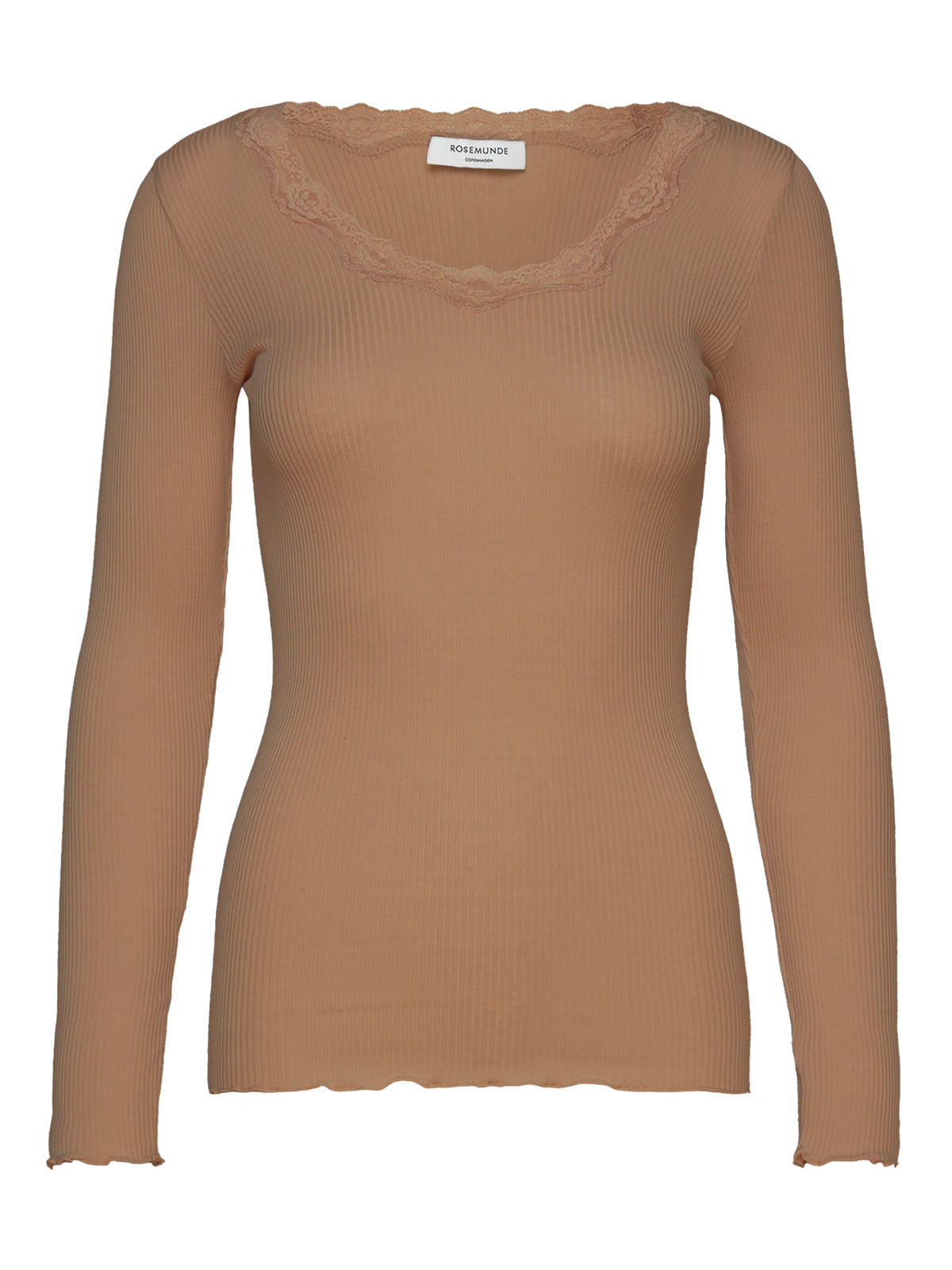RWBabette silke-T-shirt med lang erme, U-hals og blonder