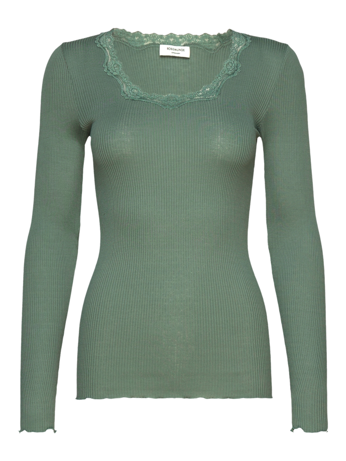 RWBabette silke-T-shirt med lang erme, U-hals og blonder