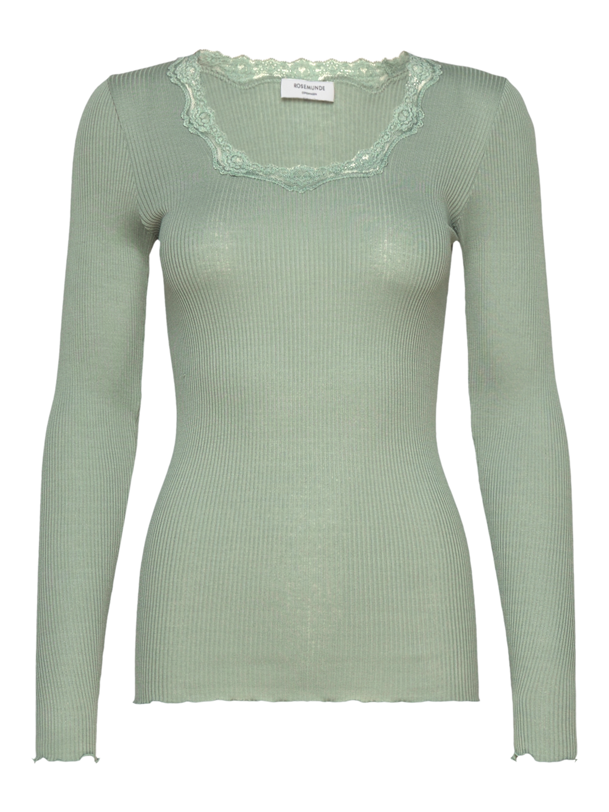 RWBabette silke-T-shirt med lang erme, U-hals og blonder