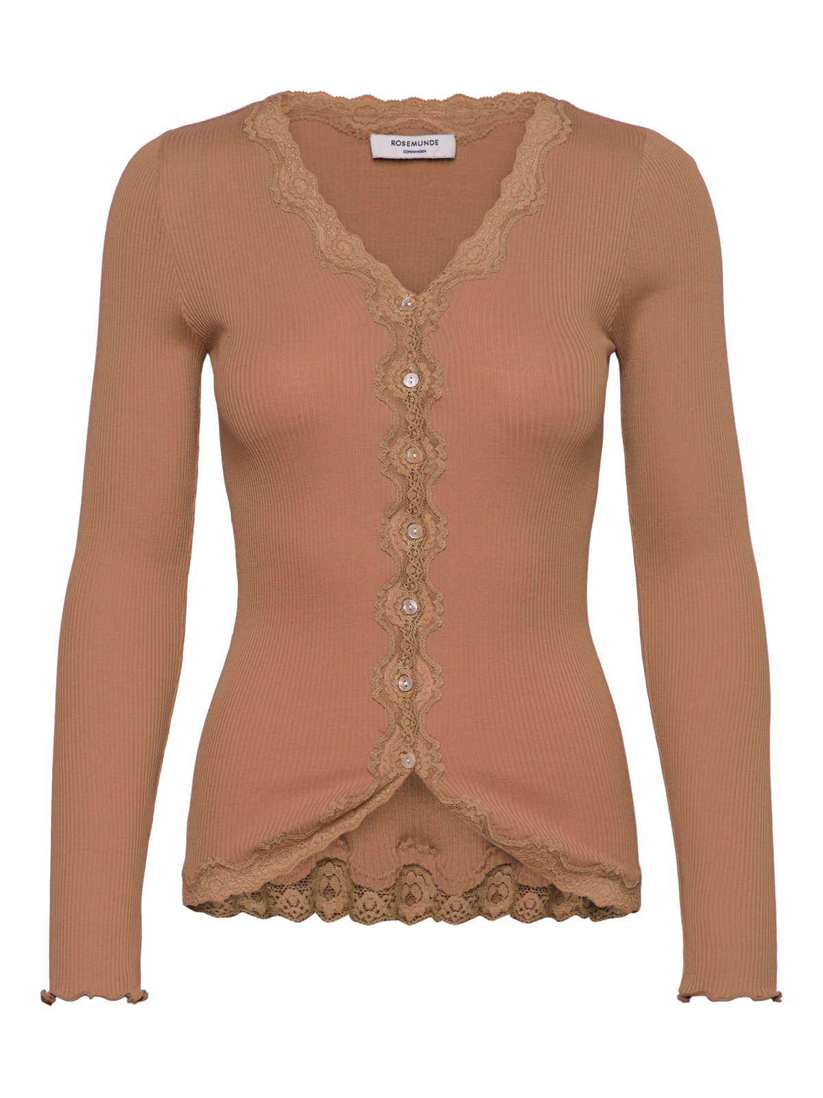 RWBabette silke-cardigan med lang erme, V-hals og blonder