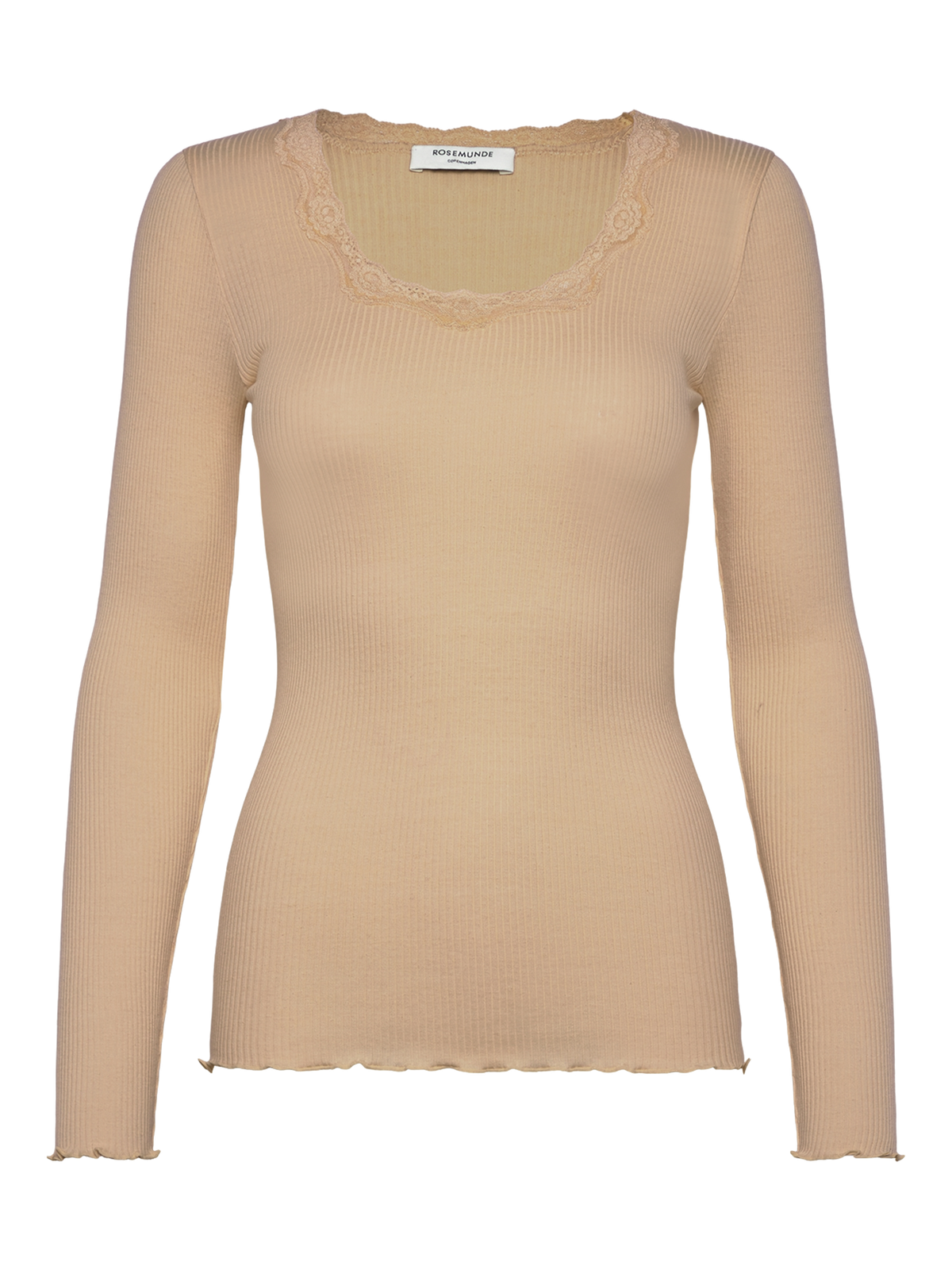 RWBabette silke-T-shirt med lang erme, U-hals og blonder