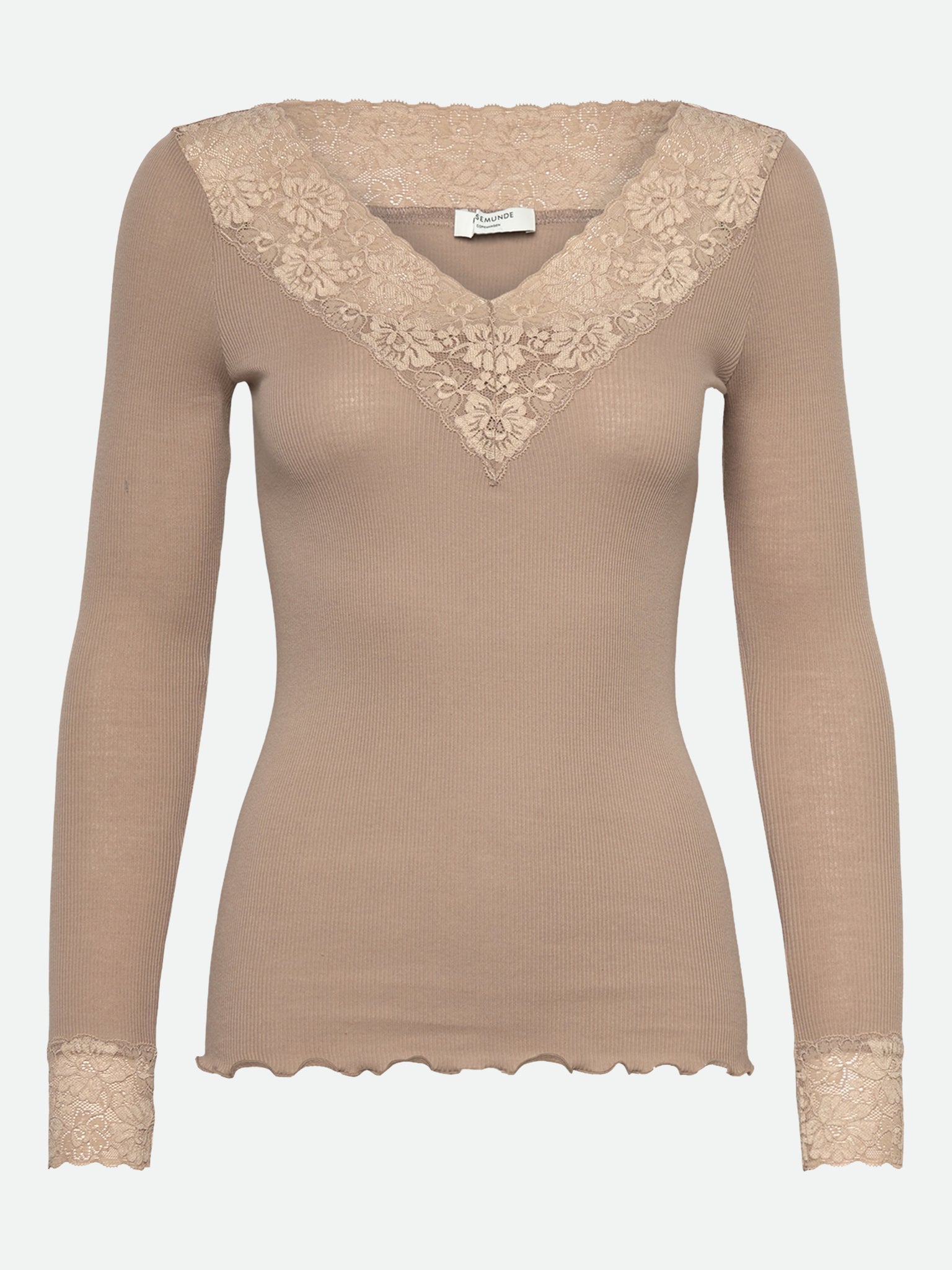 RWBernadine økologisk T-shirt med lang ærme og V-udskæring i blonder