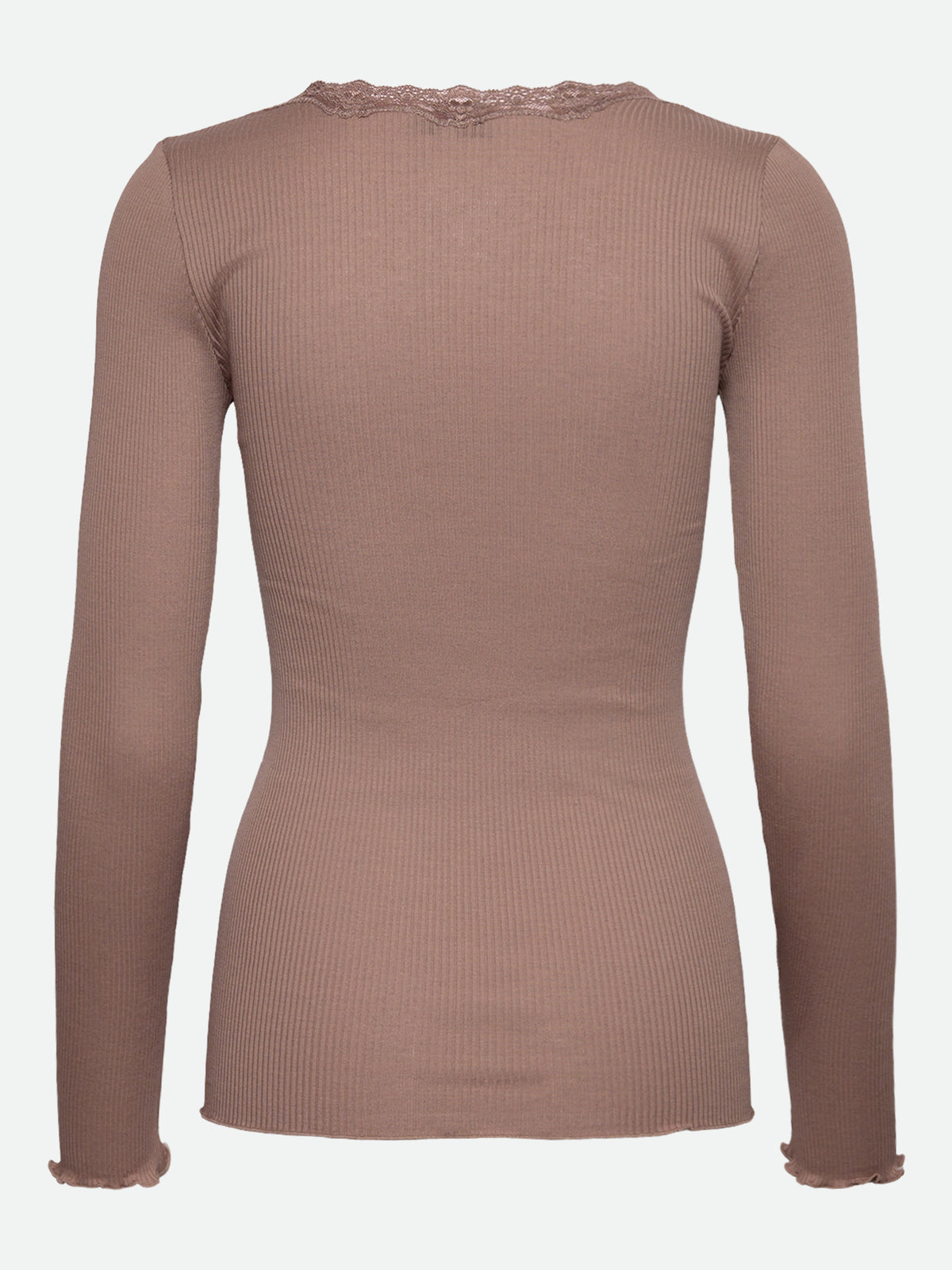 RWBabette silke-T-shirt med lang erme, U-hals og blonder