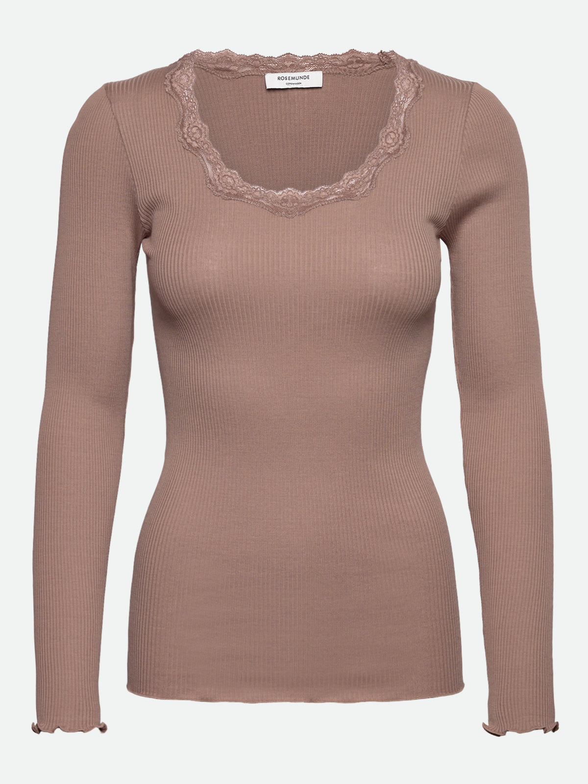 RWBabette silke-T-shirt med lang erme, U-hals og blonder