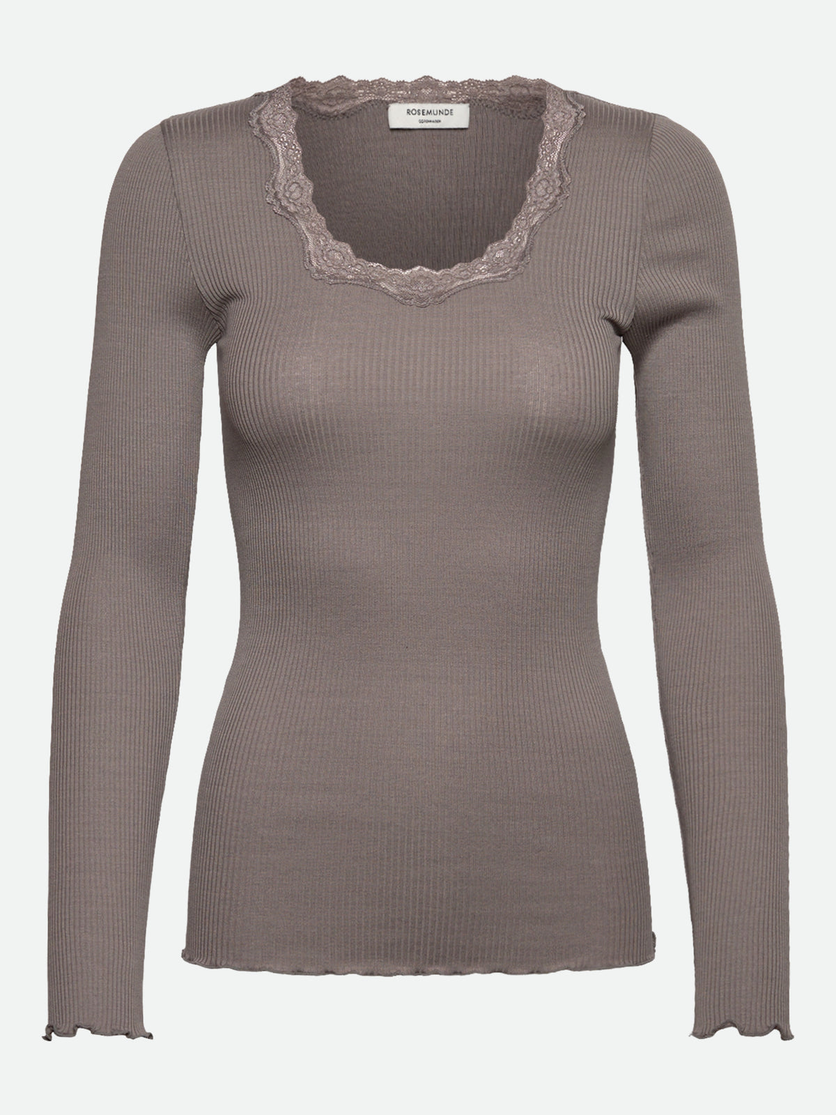 RWBabette silke-T-shirt med lang erme, U-hals og blonder