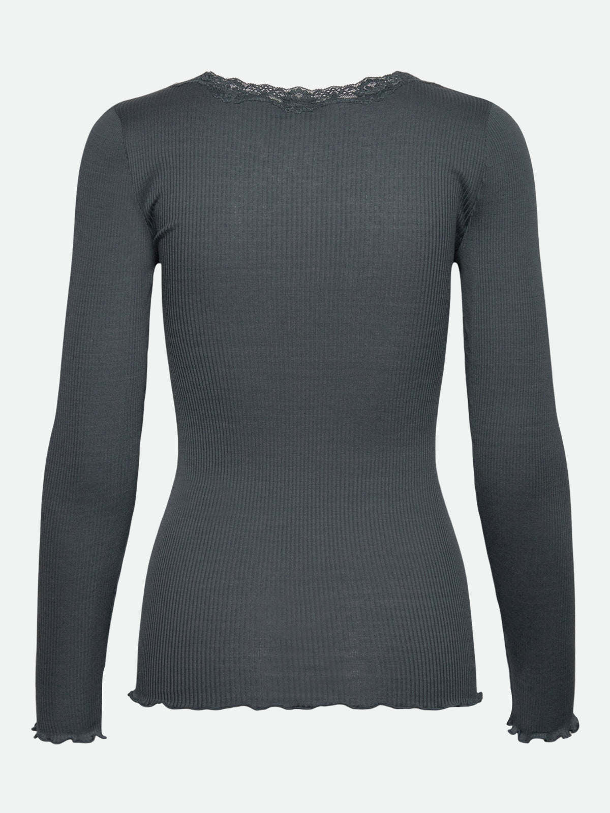 RWBabette silke-T-shirt med lang erme, U-hals og blonder