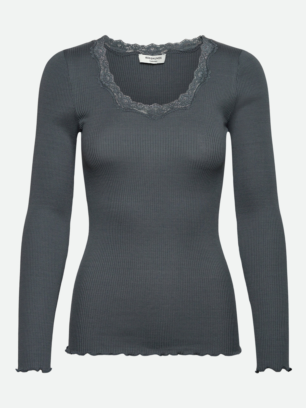 RWBabette silke-T-shirt med lang erme, U-hals og blonder