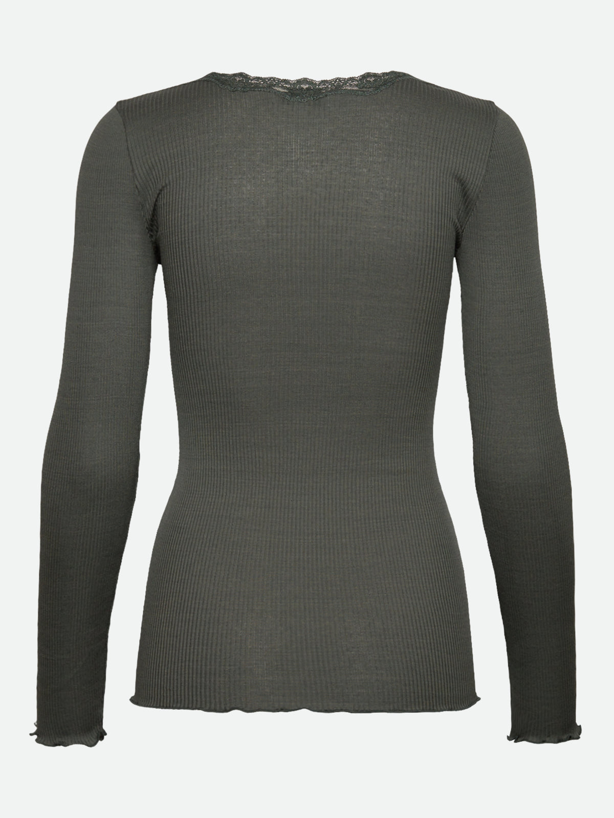 RWBabette silke-T-shirt med lang erme, U-hals og blonder