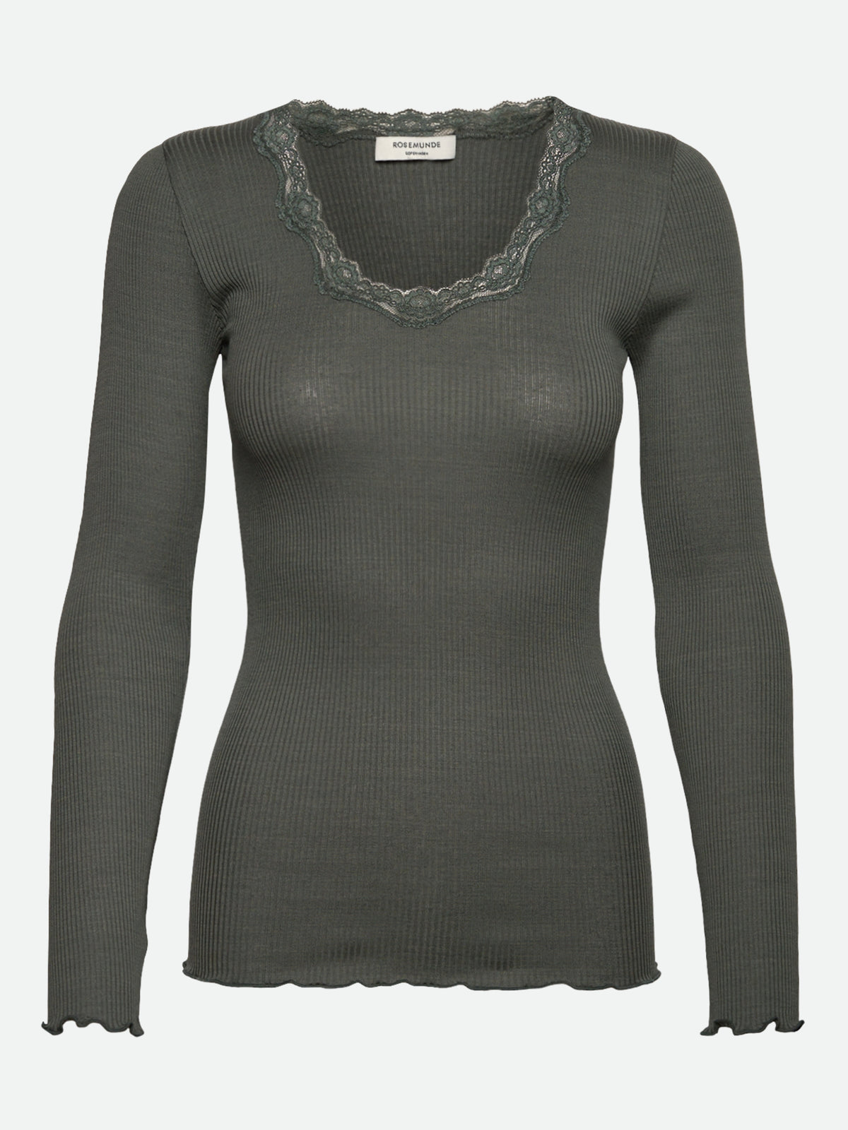 RWBabette silke-T-shirt med lang erme, U-hals og blonder