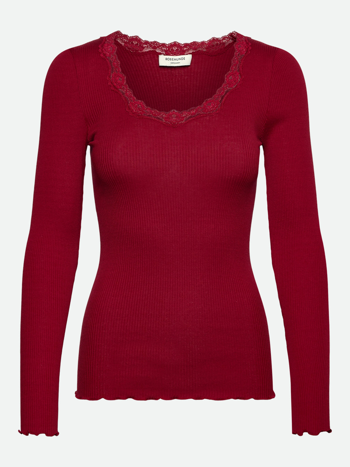 RWBabette silke-T-shirt med lang erme, U-hals og blonder