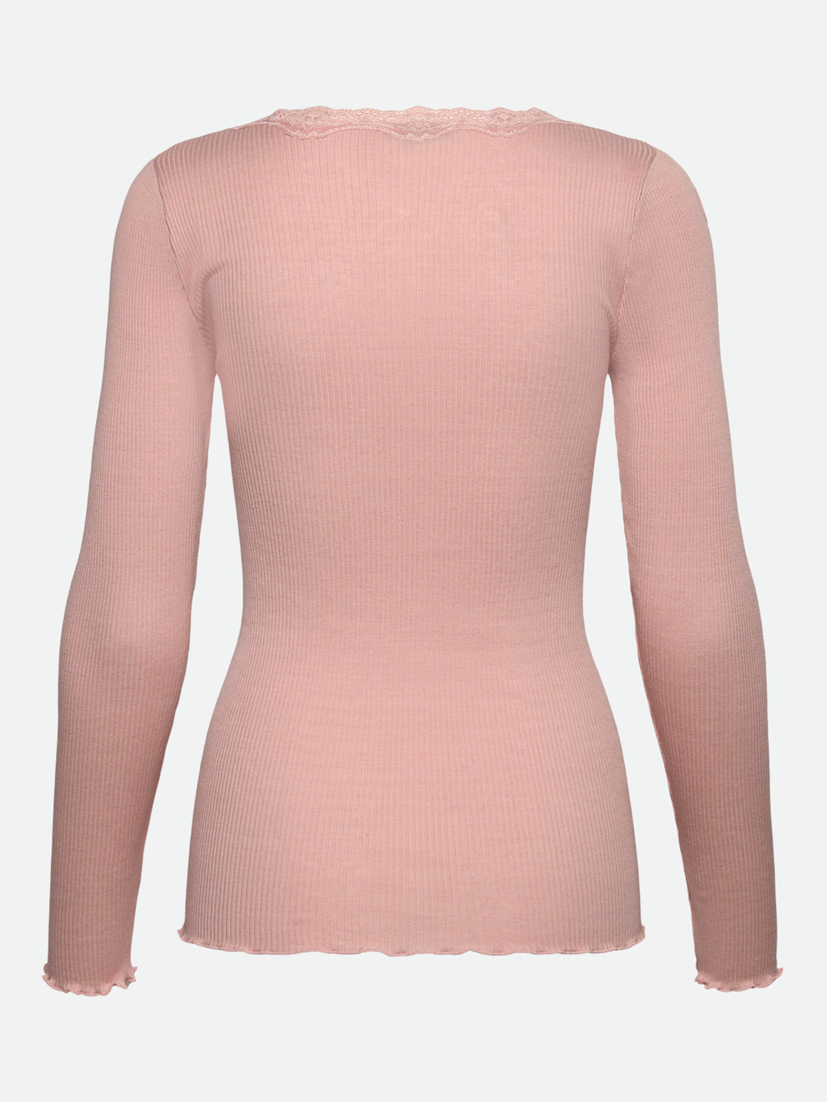 RWBabette silke-T-shirt med lang erme, U-hals og blonder