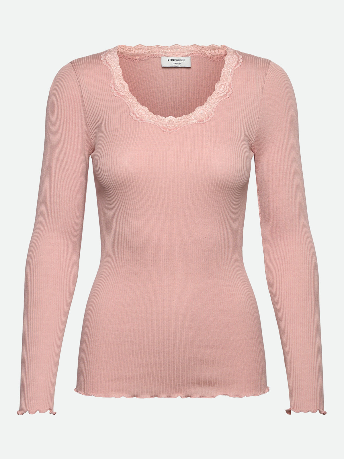 RWBabette silke-T-shirt med lang erme, U-hals og blonder