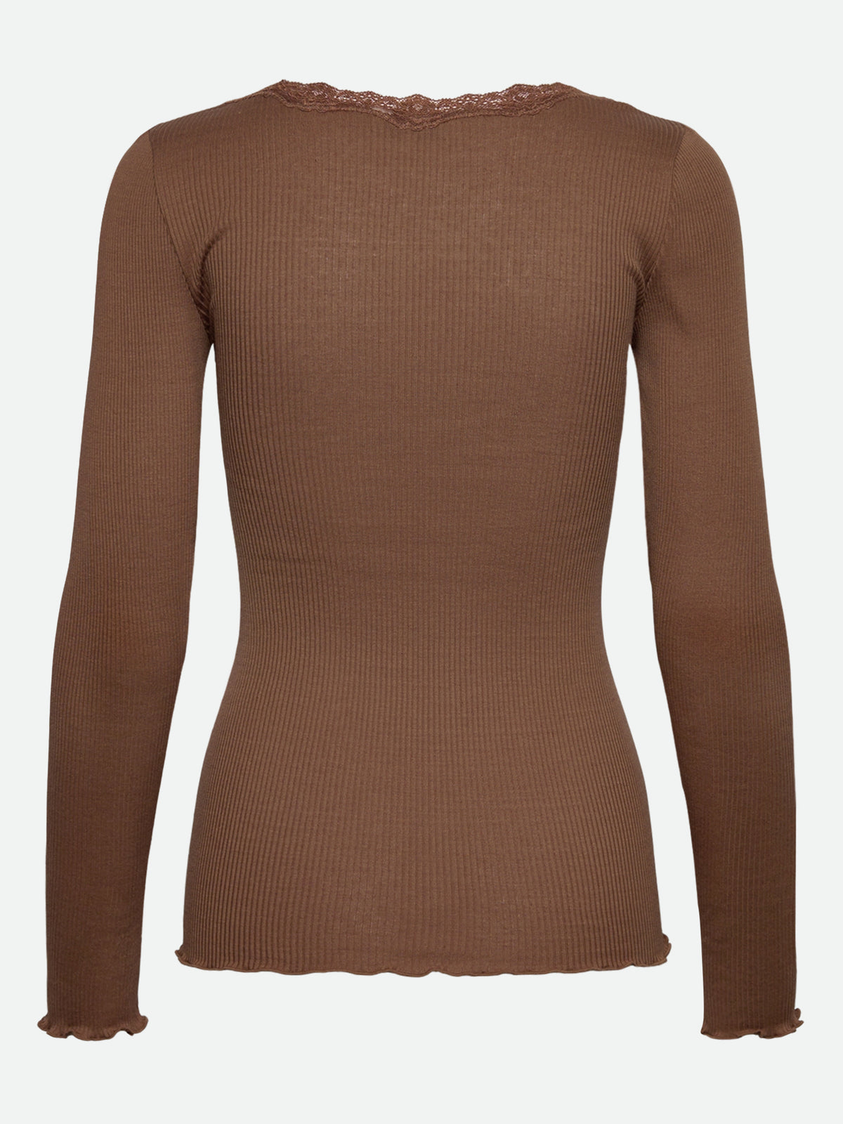 RWBabette silke-T-shirt med lang erme, U-hals og blonder