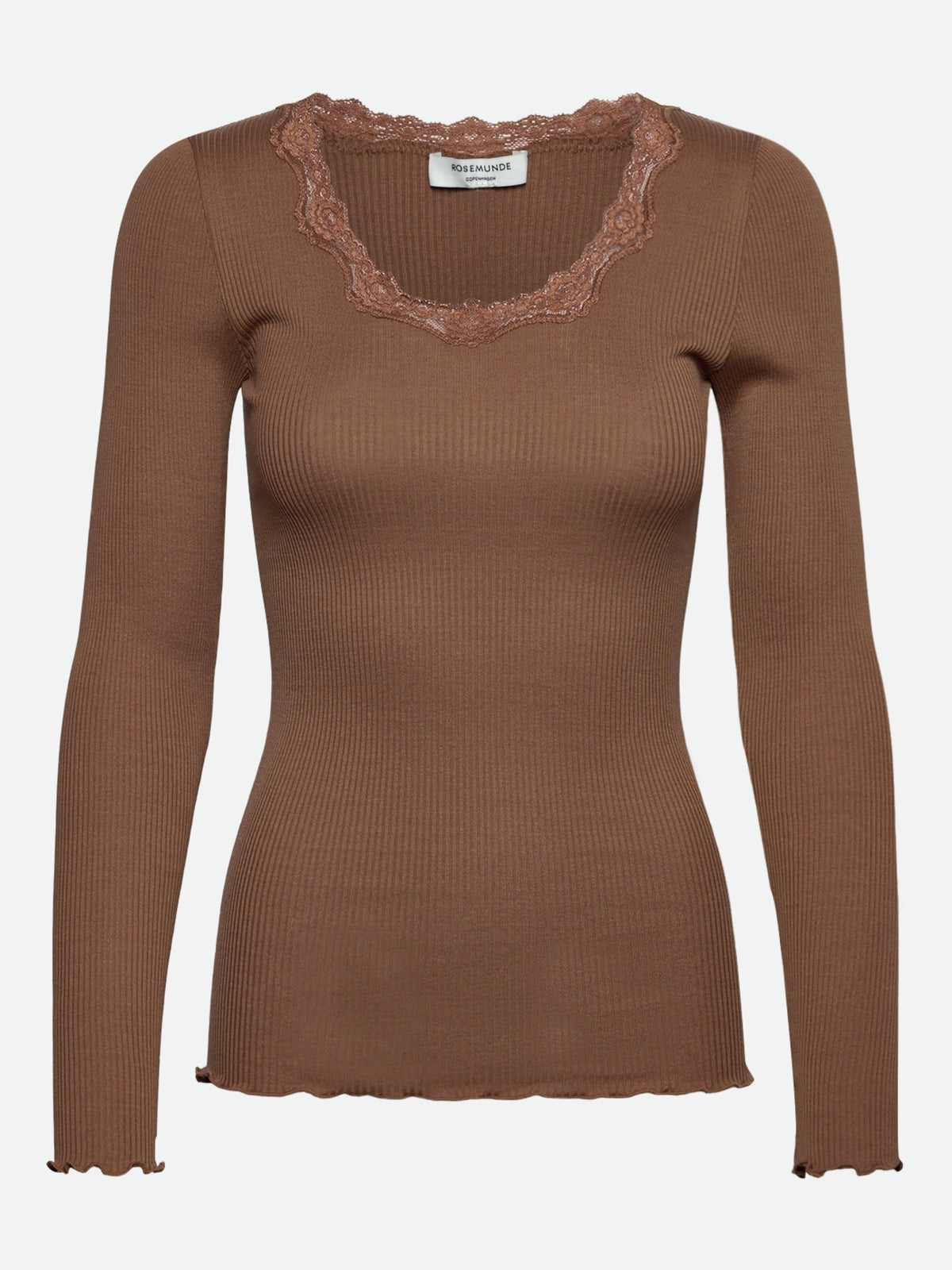 RWBabette silke-T-shirt med lang erme, U-hals og blonder