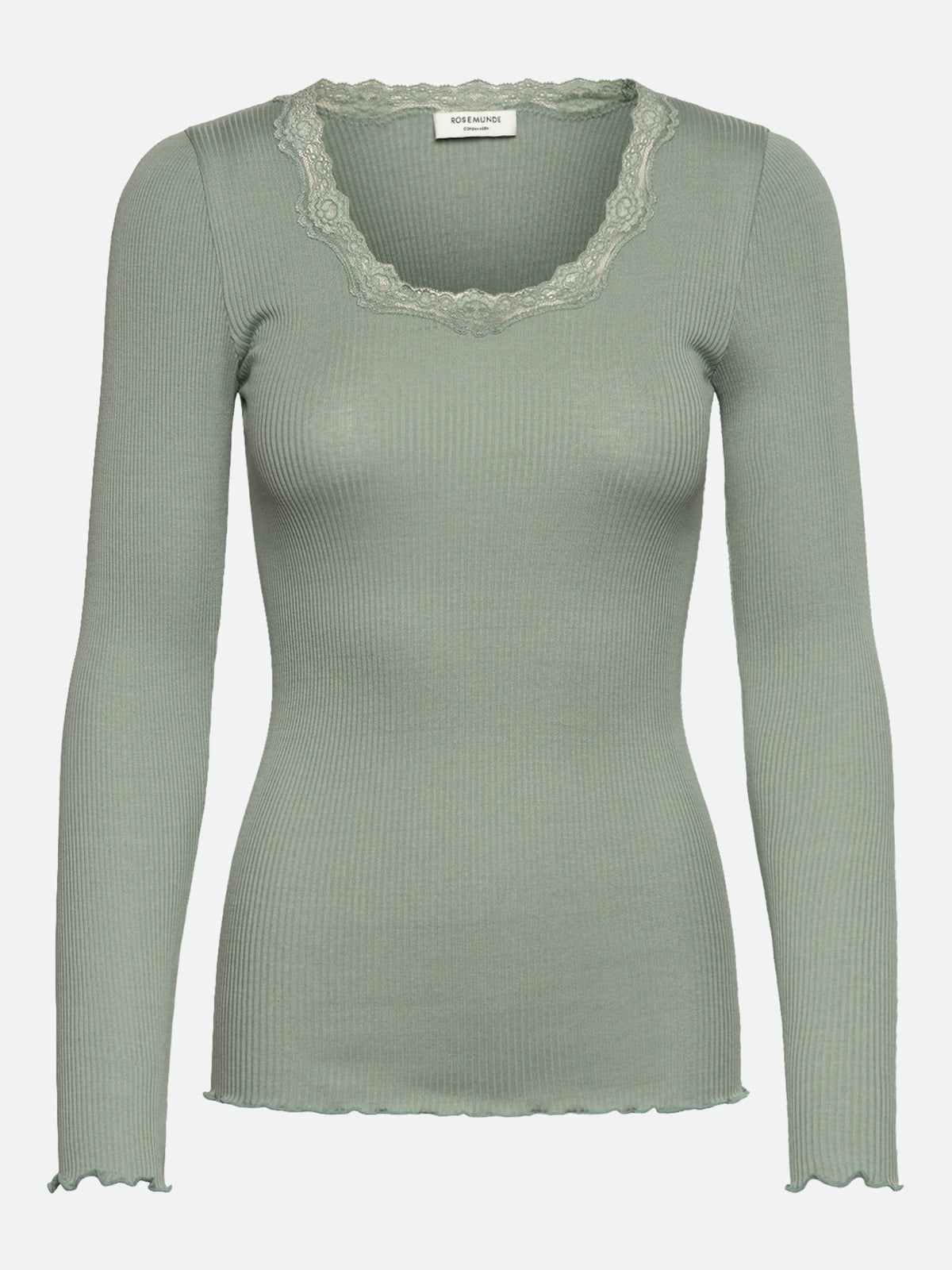 RWBabette silke-T-shirt med lang erme, U-hals og blonder