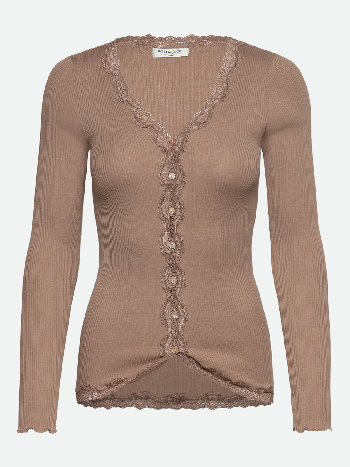 RWBabette silke-cardigan med lang erme, V-hals og blonder