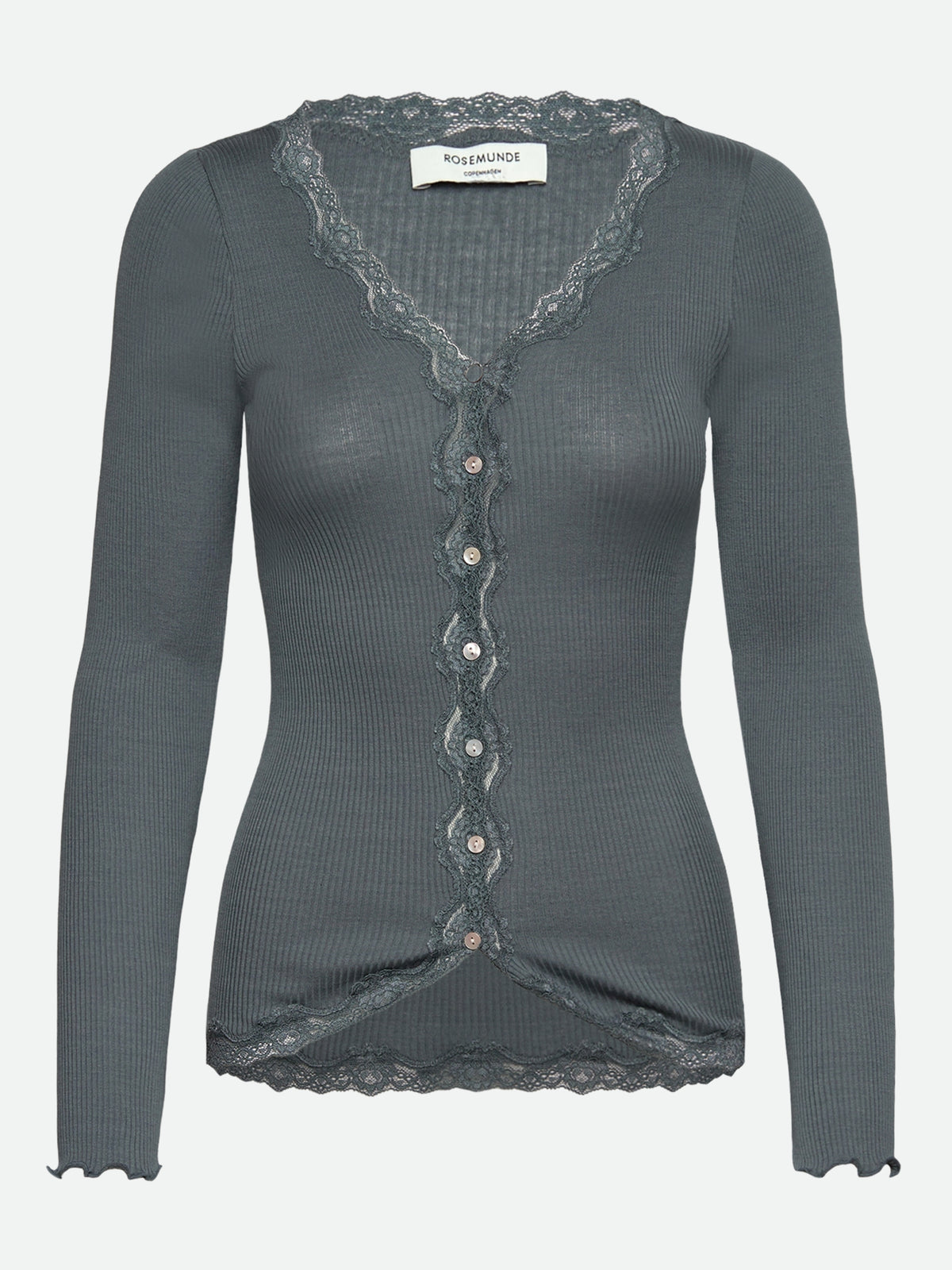 RWBabette silke-cardigan med lang erme, V-hals og blonder