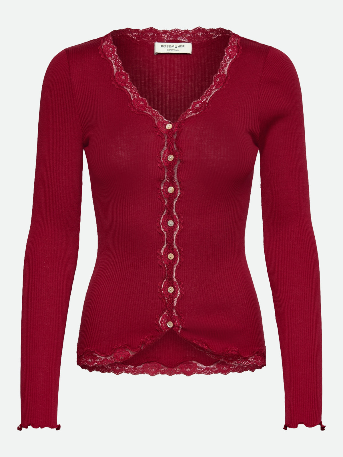 RWBabette silke-cardigan med lang erme, V-hals og blonder