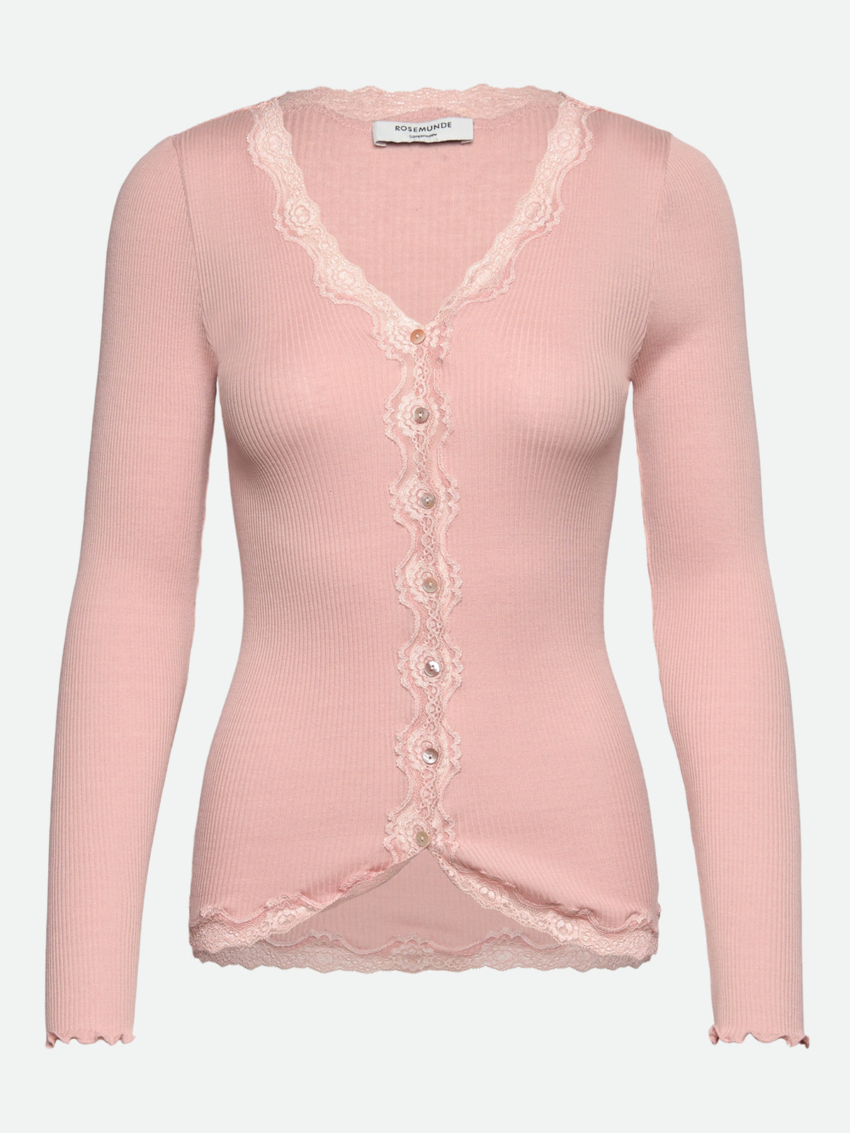 RWBabette silke-cardigan med lang erme, V-hals og blonder