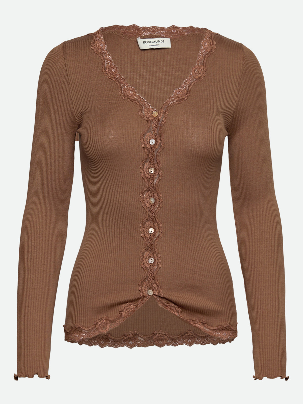 RWBabette silke-cardigan med lang erme, V-hals og blonder