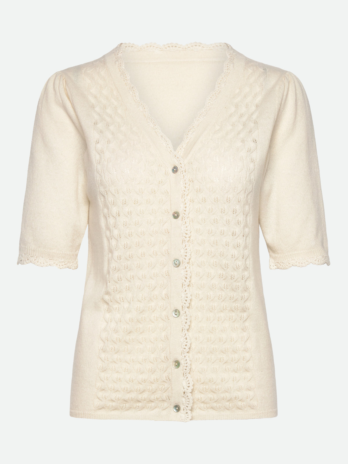 RWLaica Cashmere Crochet Short Sleeve V-neck Cardigan