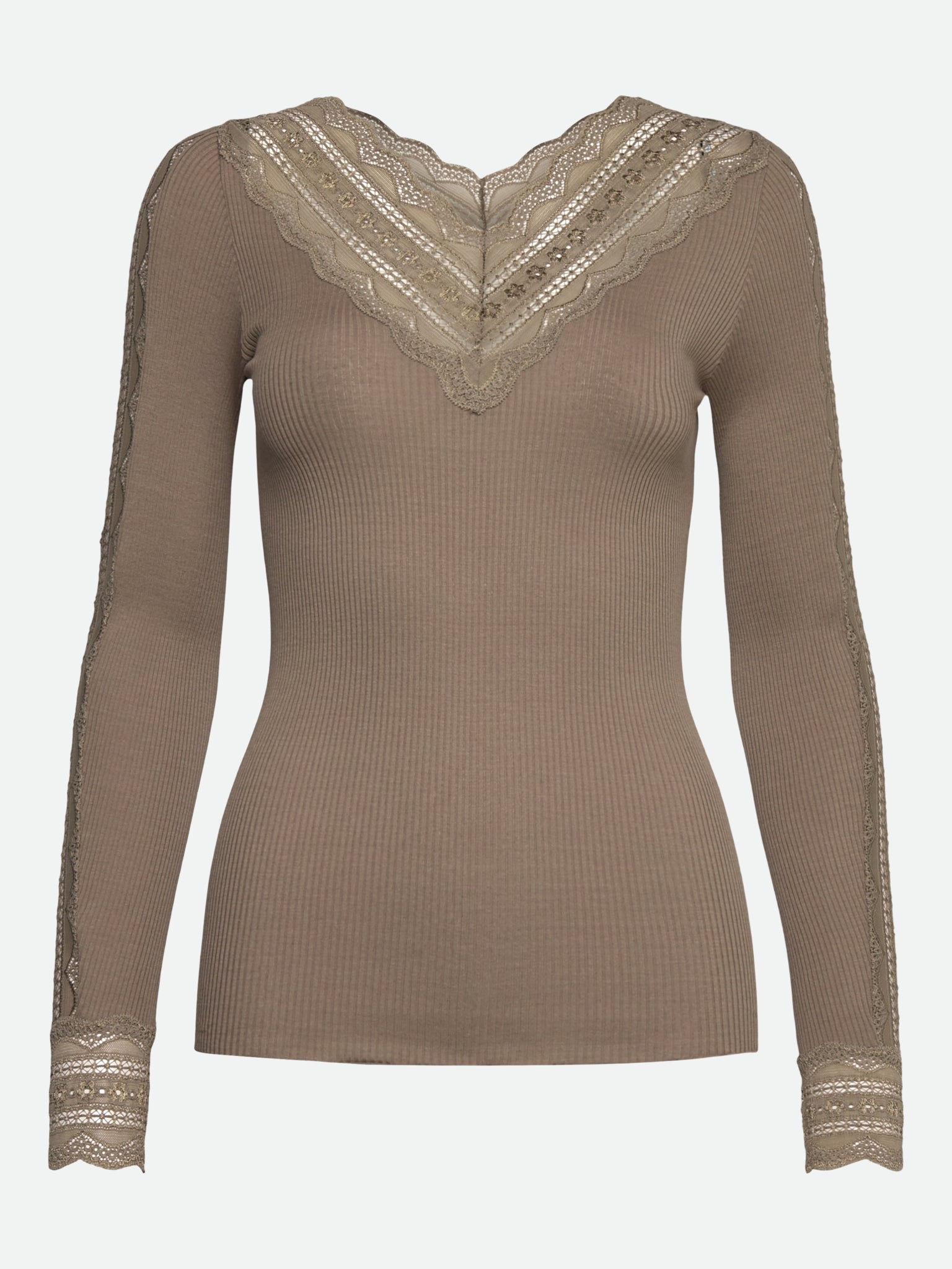 RWBenita Silk Long Sleeve T-neck Lace T-Shirt T-SHIRT LS Rosemunde Woman XS walnut