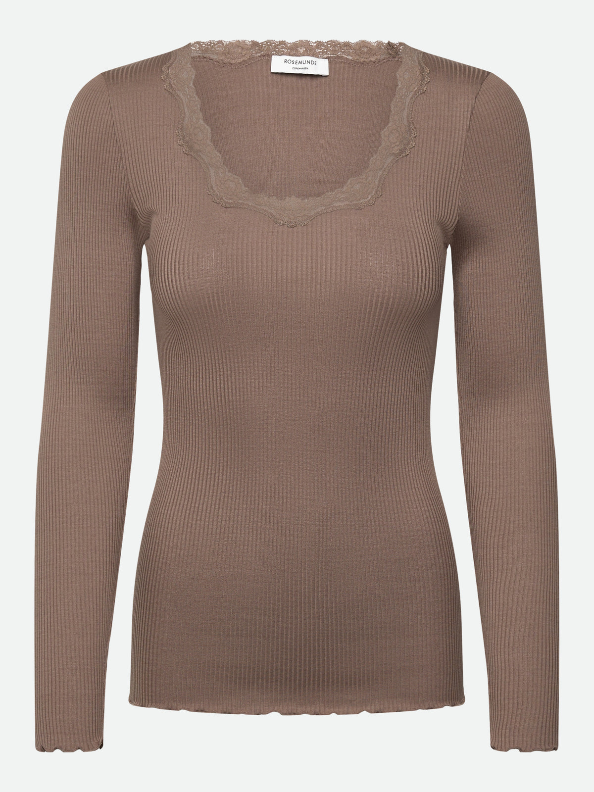 RWBabette silke-T-shirt med lang erme, U-hals og blonder