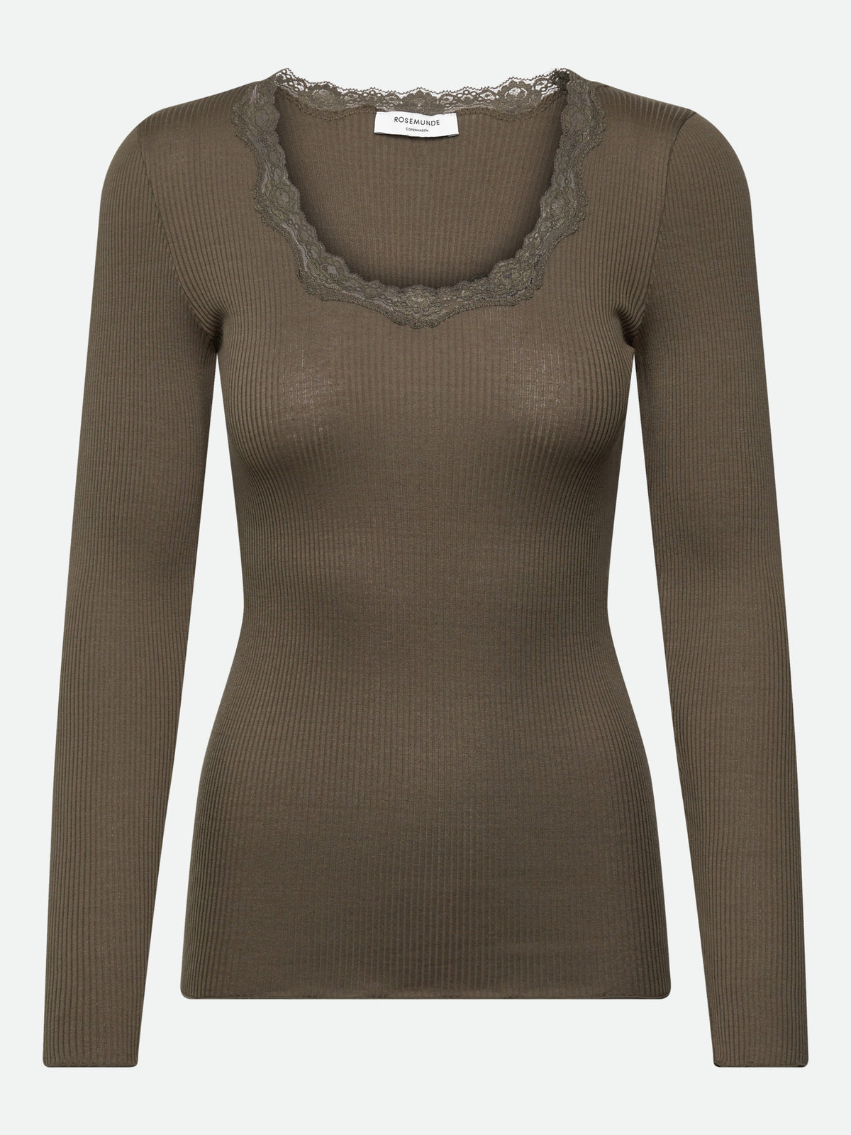 RWBabette silke-T-shirt med lang erme, U-hals og blonder