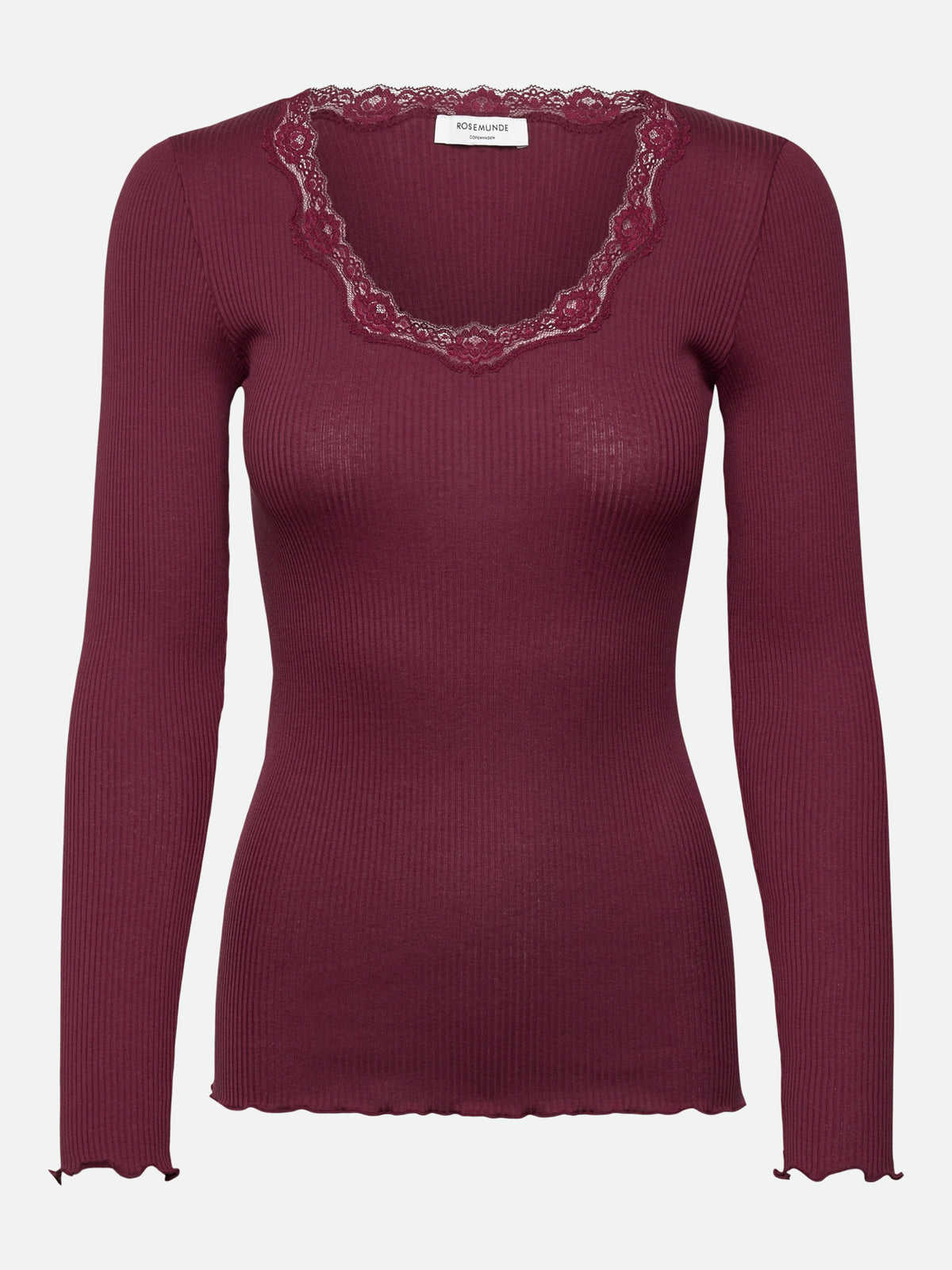 RWBabette silke-T-shirt med lang erme, U-hals og blonder