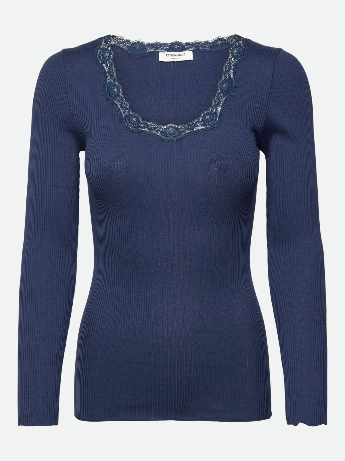RWBabette silke-T-shirt med lang erme, U-hals og blonder